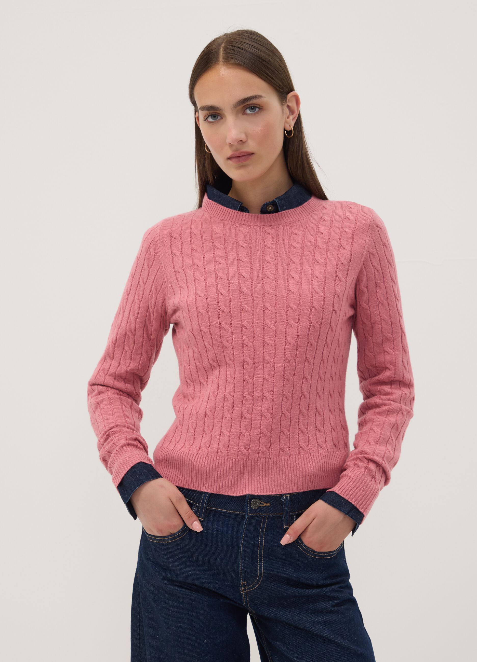 Pink cable-knit crew-neck jumper, regular fit