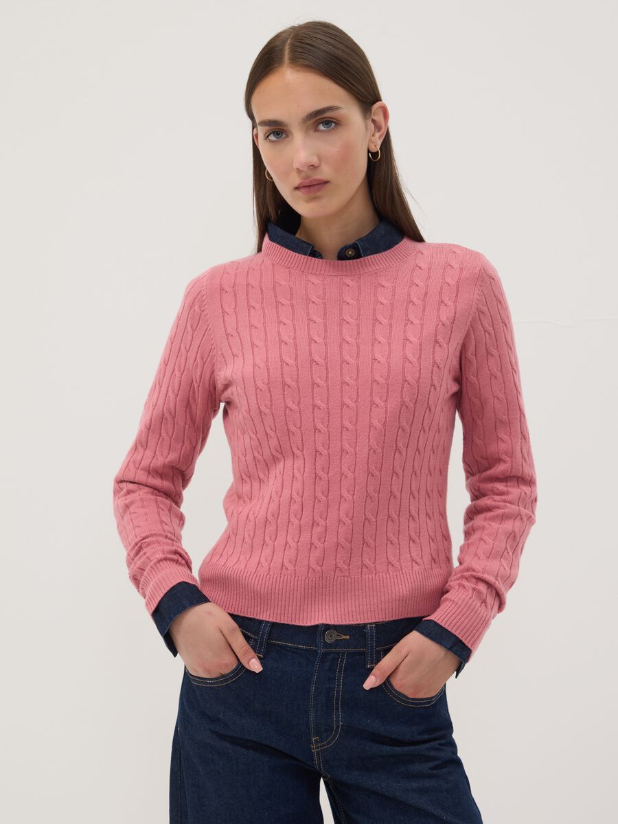 Pink cable-knit crew-neck jumper, regular fit_0