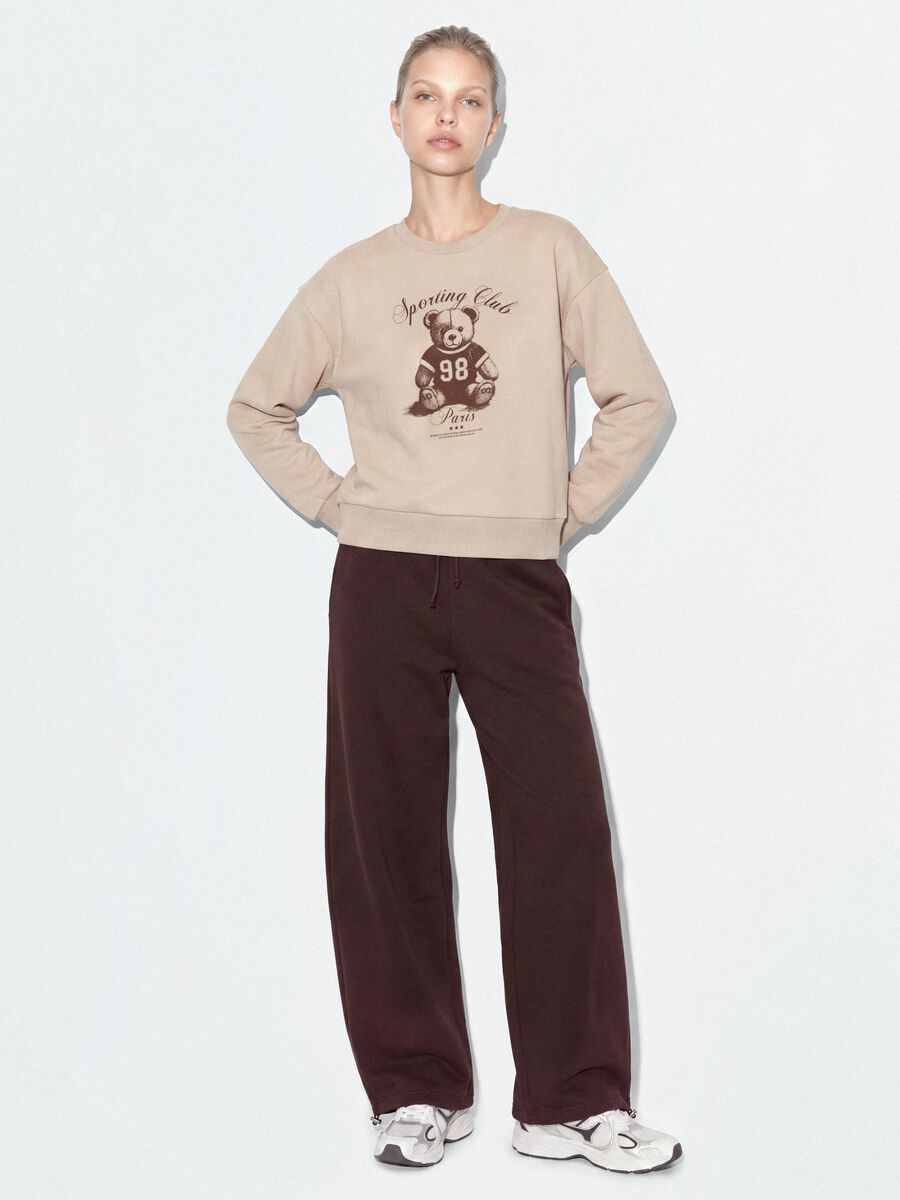Beige cotton-blend crew-neck sweatshirt with teddy print_1