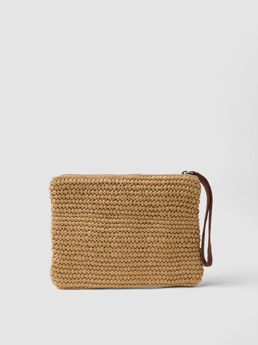 Beige cotton-blend pouch with zip and beaded details_1