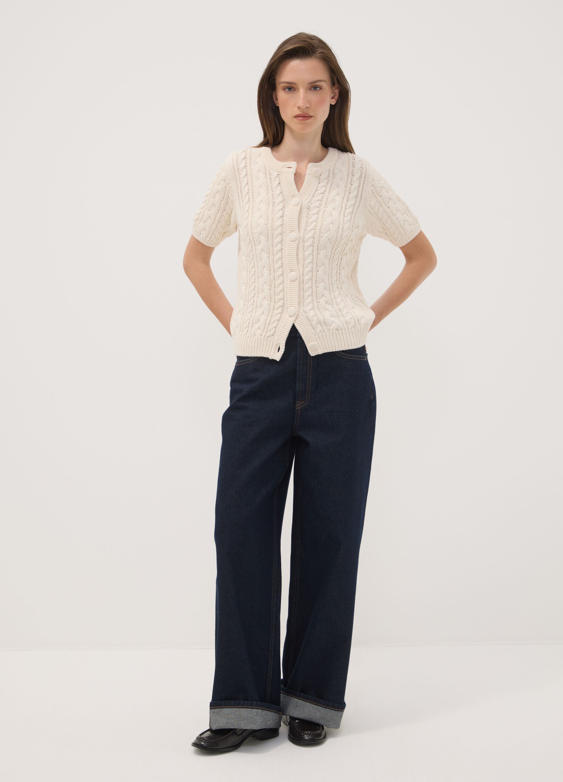 Beige pure cotton cable-knit cardigan, regular fit