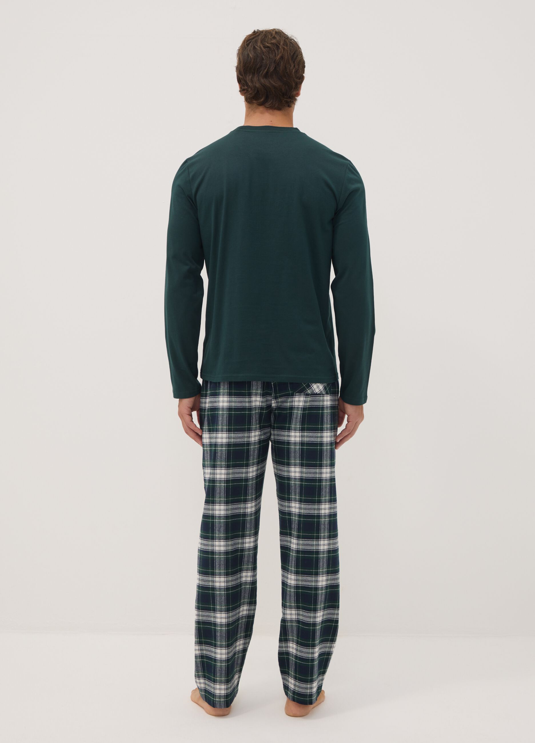 Dark green pure cotton crew-neck pyjamas