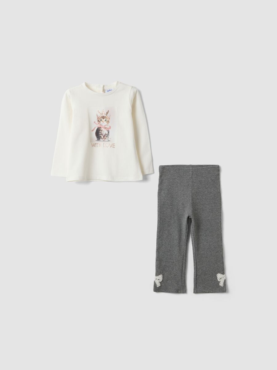Grey and white stretch cotton and viscose set for baby girl_0