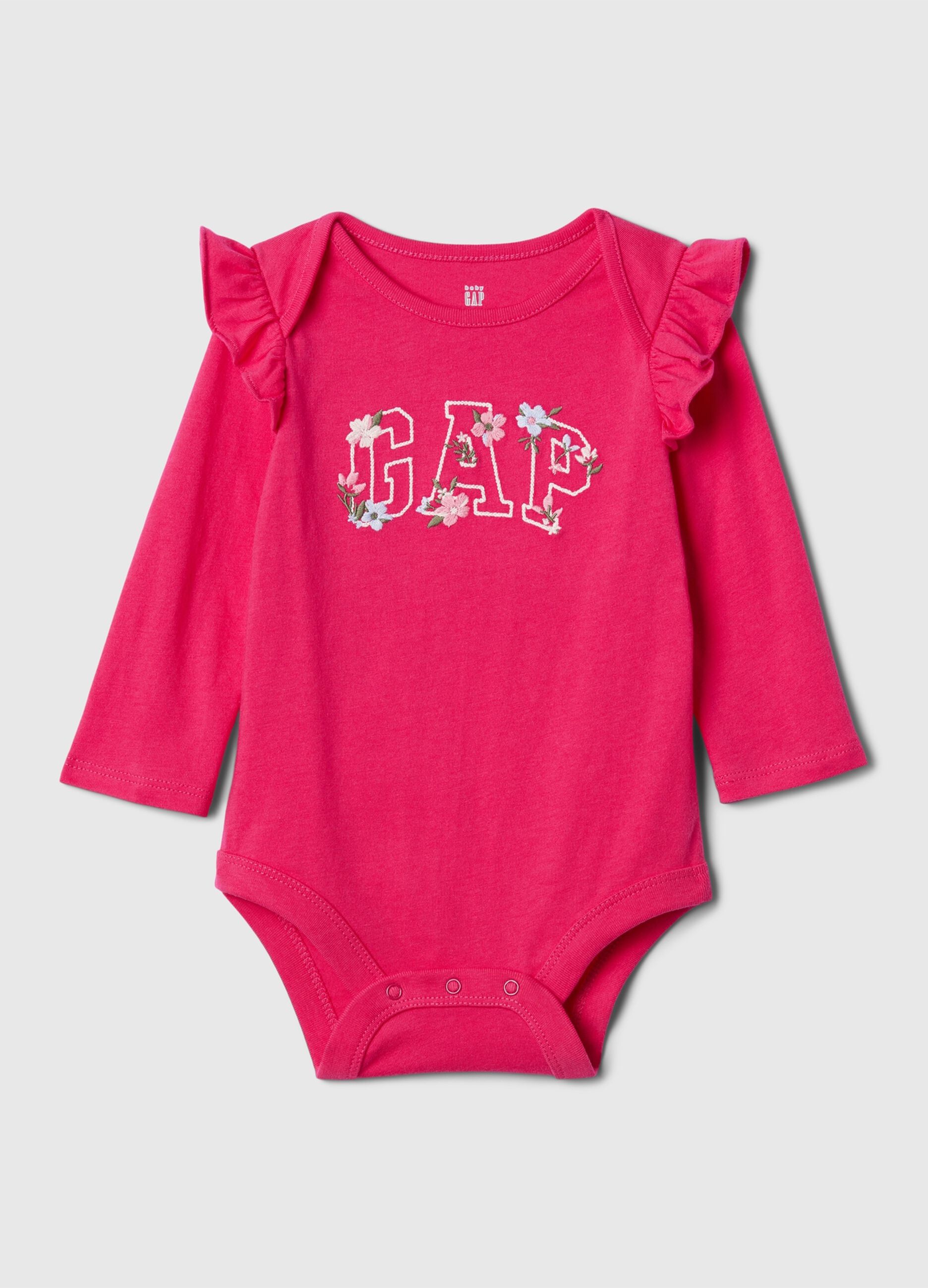 Cotton bodysuit with logo embroidery and frills