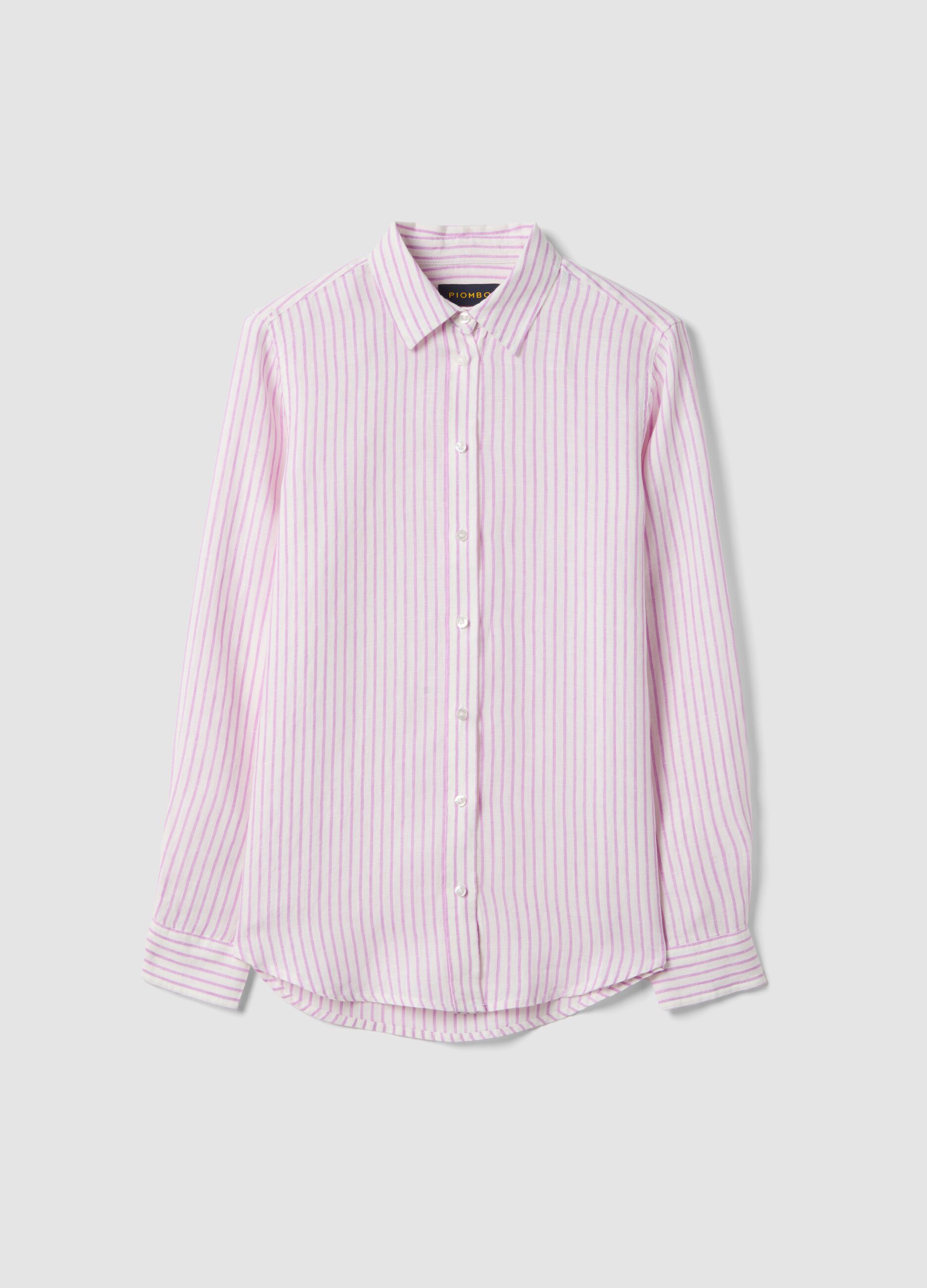 Camisa de puro linho com riscas brancas e rosas, ajuste regular