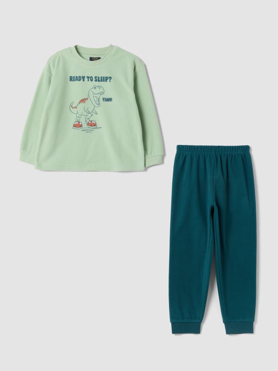 Pijama largo verde de cuello redondo con estampado de dinosaurio_0