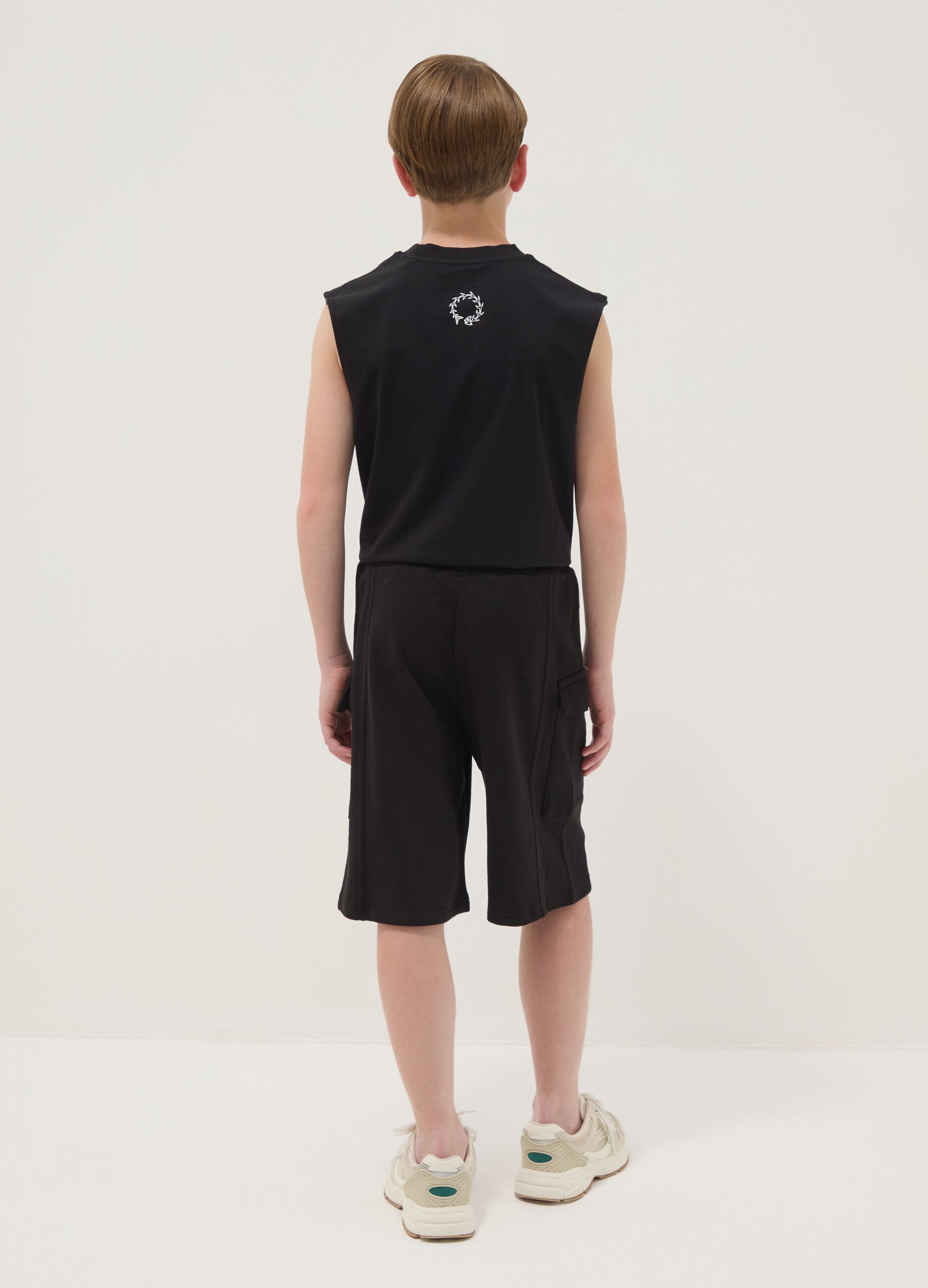 Black pure cotton cargo Bermuda shorts for boys, oversized fit