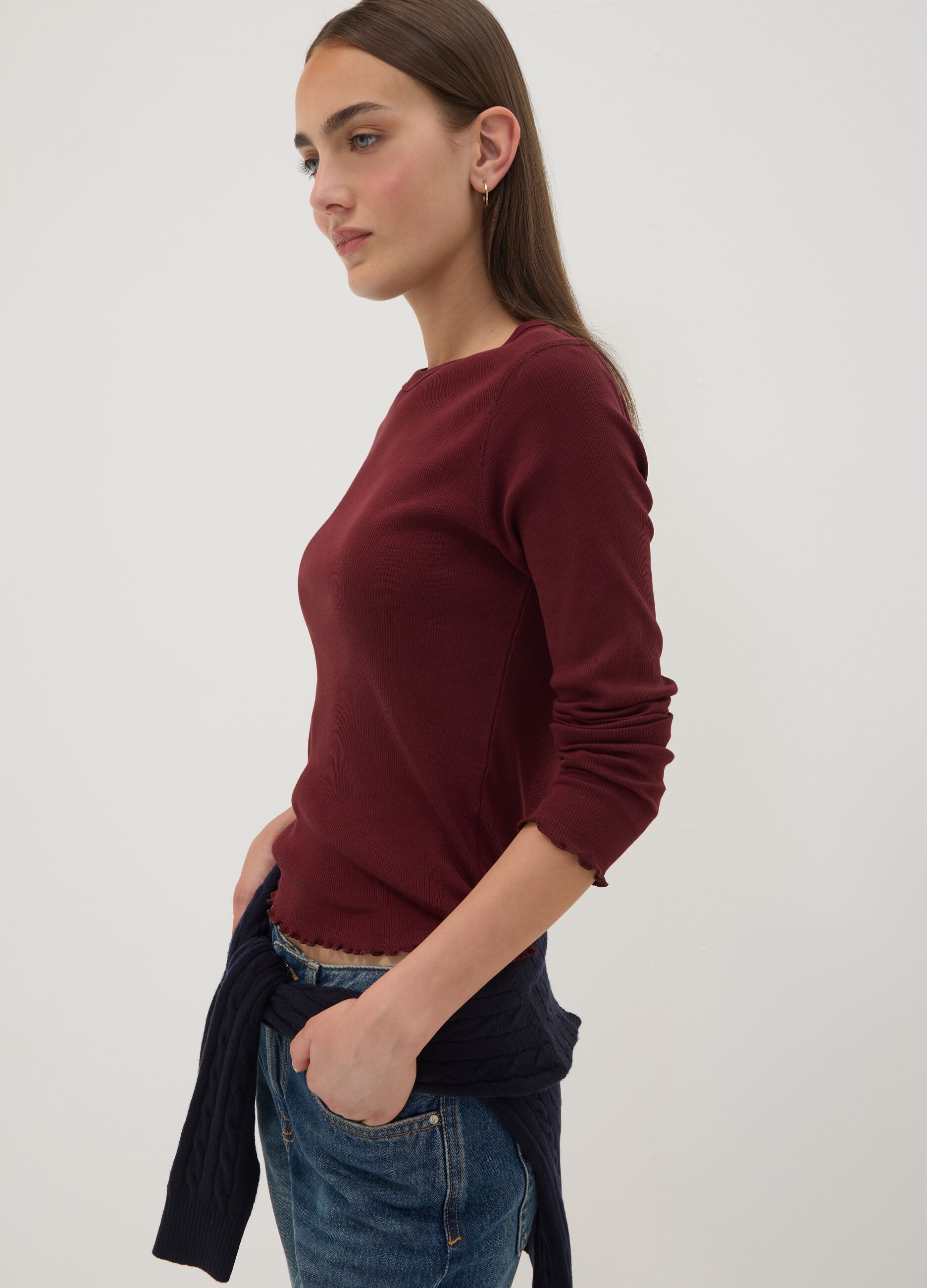 Burgundy pure cotton long-sleeve crew-neck T-shirt, regular fit