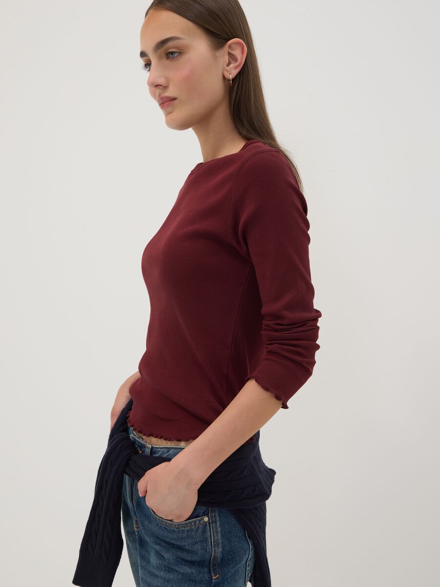Burgundy pure cotton long-sleeve crew-neck T-shirt, regular fit_2