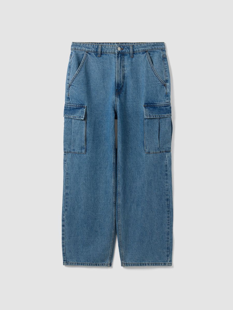 Blue pure cotton wide-leg cargo jeans_0