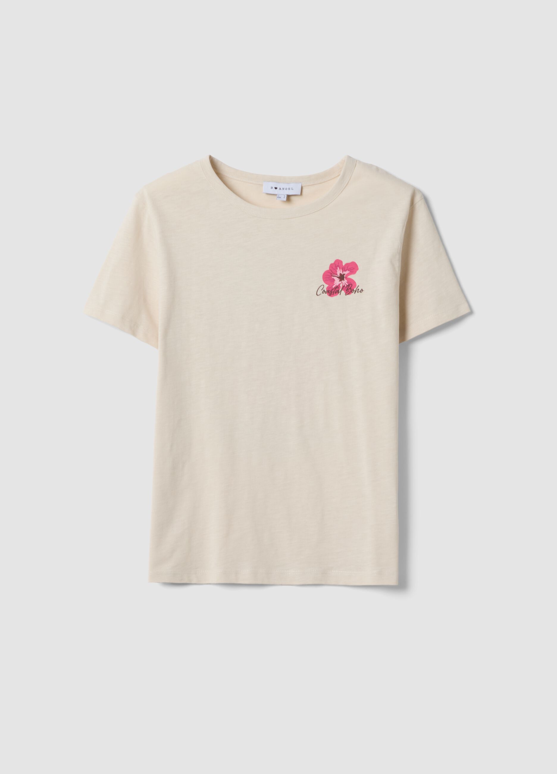 Beiges T-Shirt aus reiner Baumwolle im Relaxed Fit mit Blumenprint