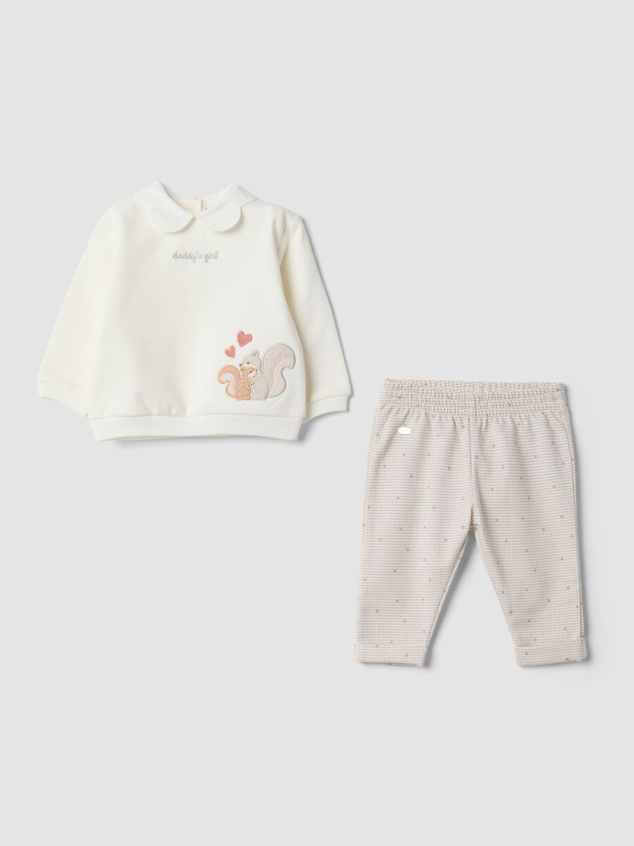 White and beige pure organic cotton set with squirrel embroidery_0