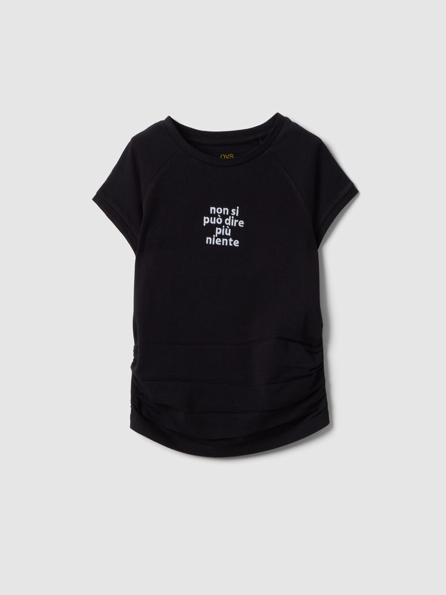 Girls' black stretch cotton slim fit t-shirt with slogan_0
