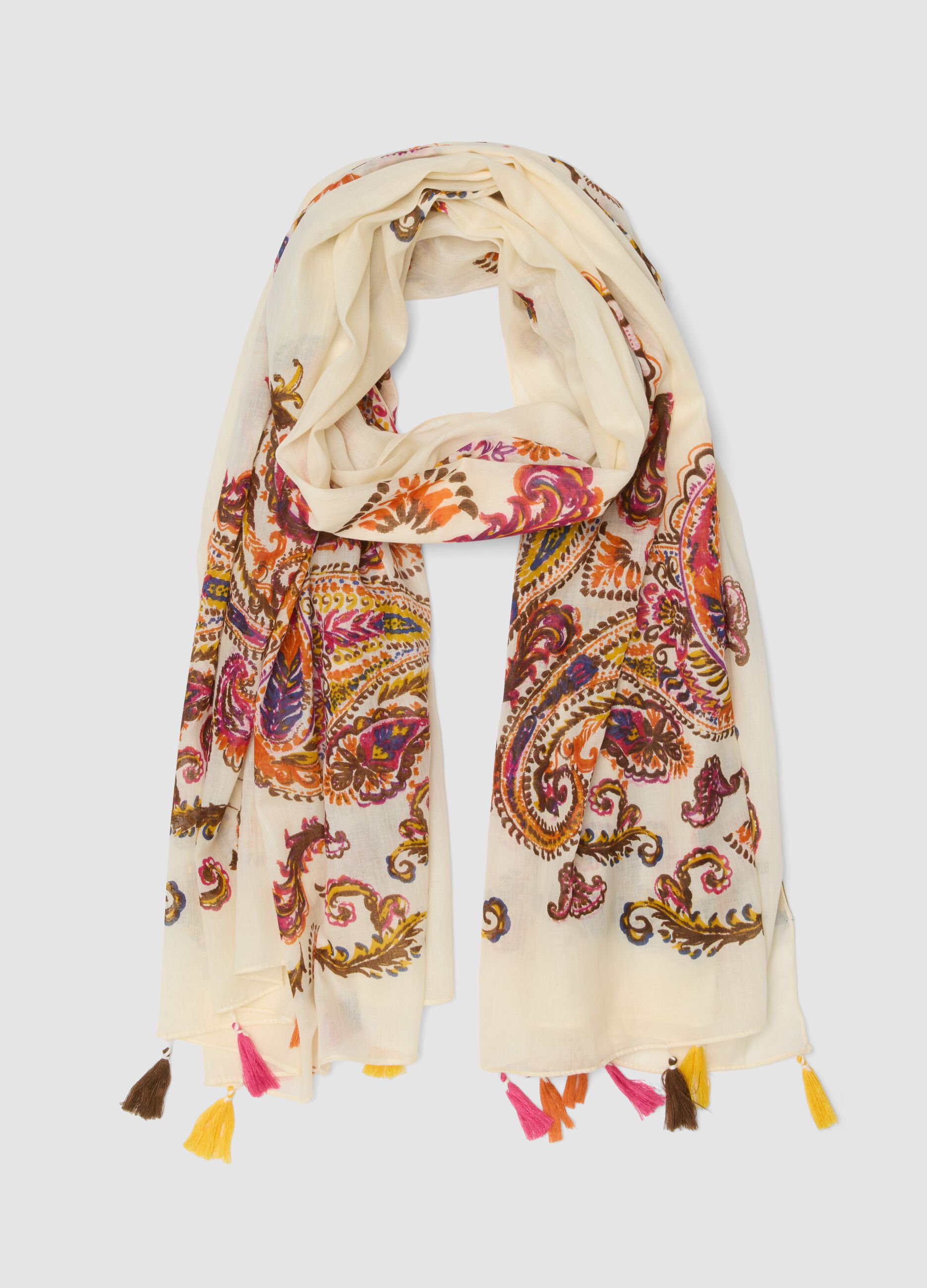 Pa&ntilde;uelo blanco de algod&oacute;n puro con estampado paisley y borlas