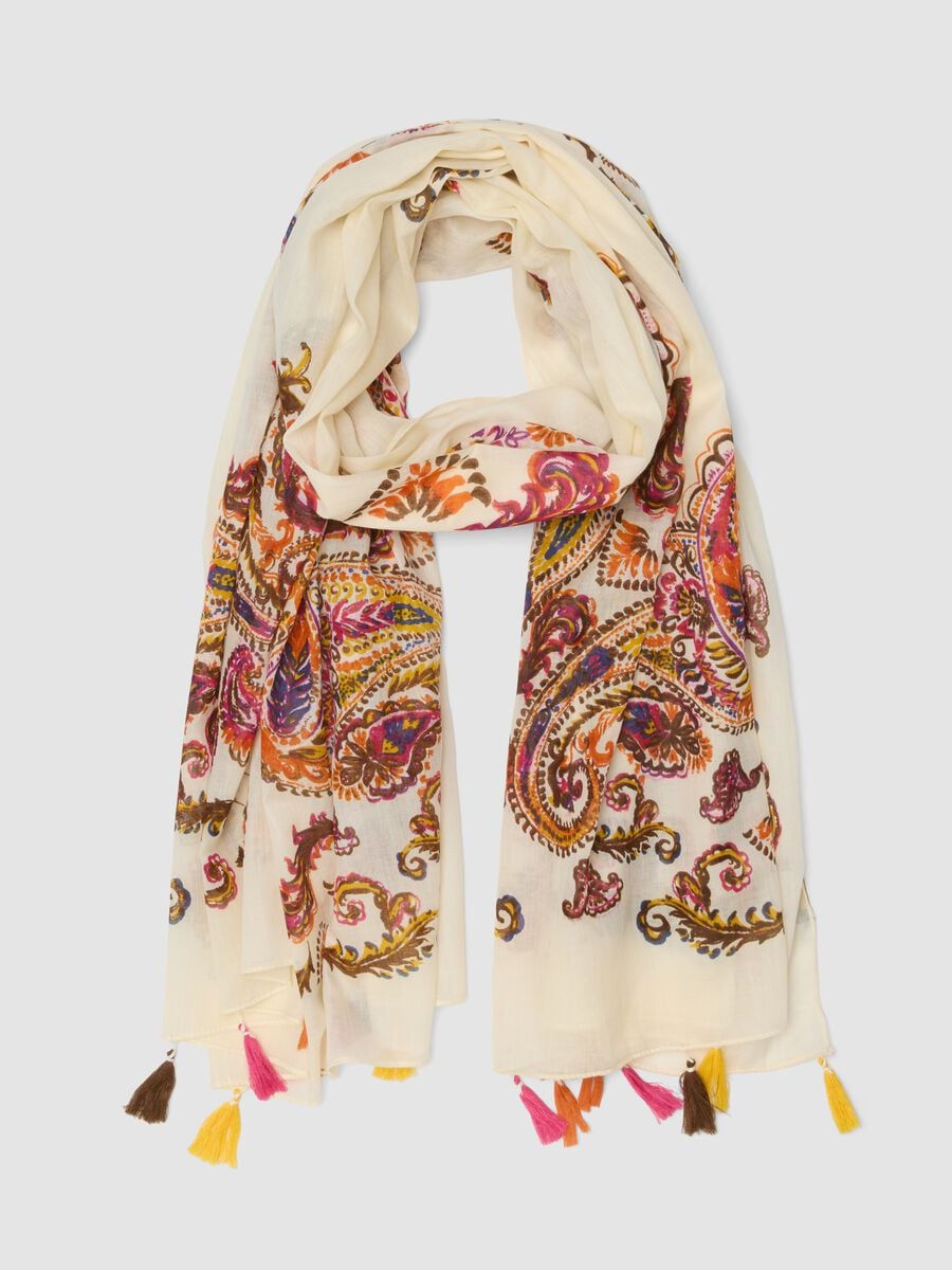 Foulard blanc en pur coton avec motif paisley et pompons_0