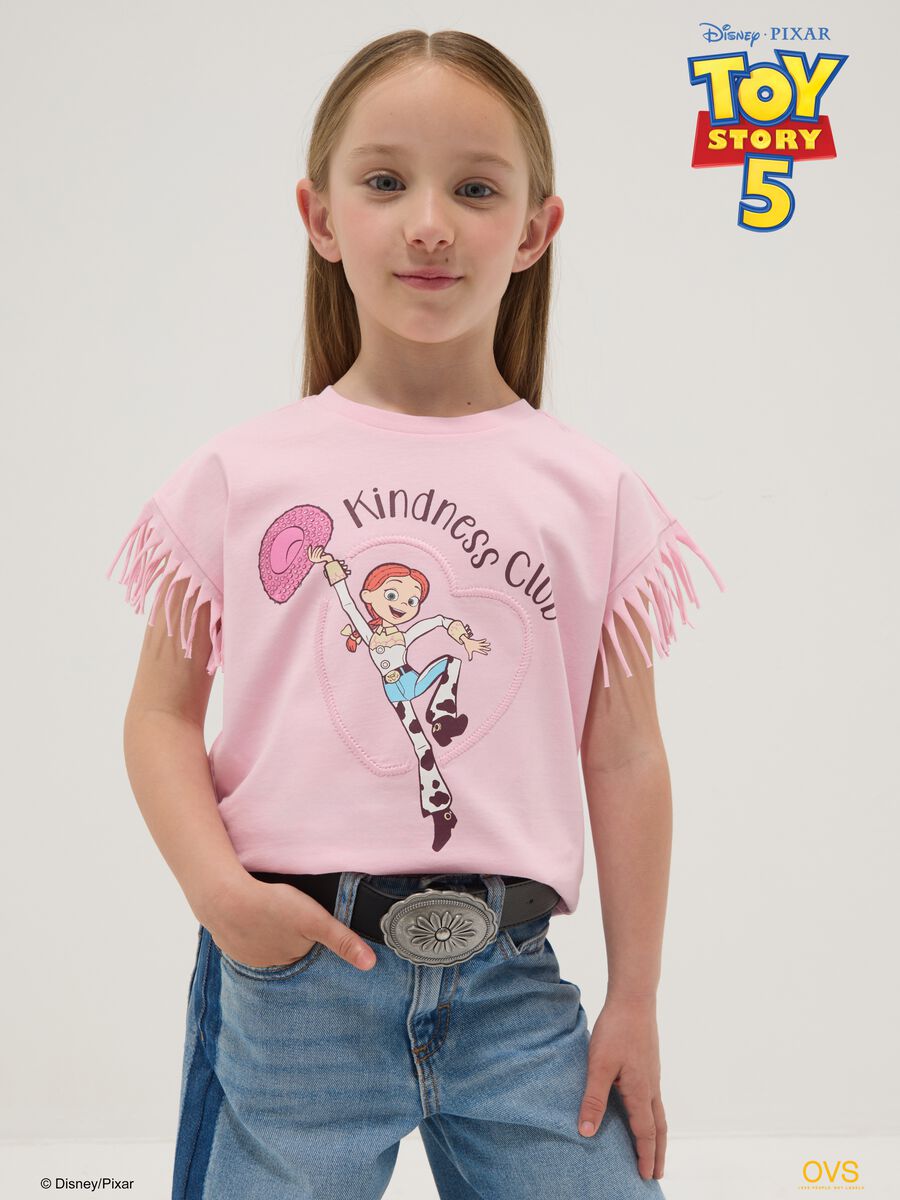 Pink pure cotton T-shirt with fringed sleeves and Toy Story print_0