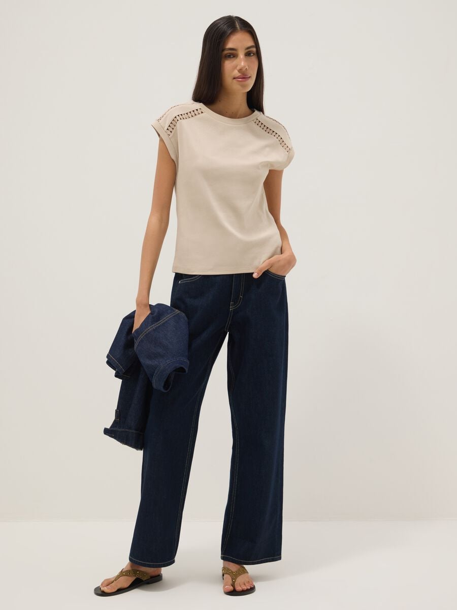 Beige pure cotton T-shirt with openwork inserts_2