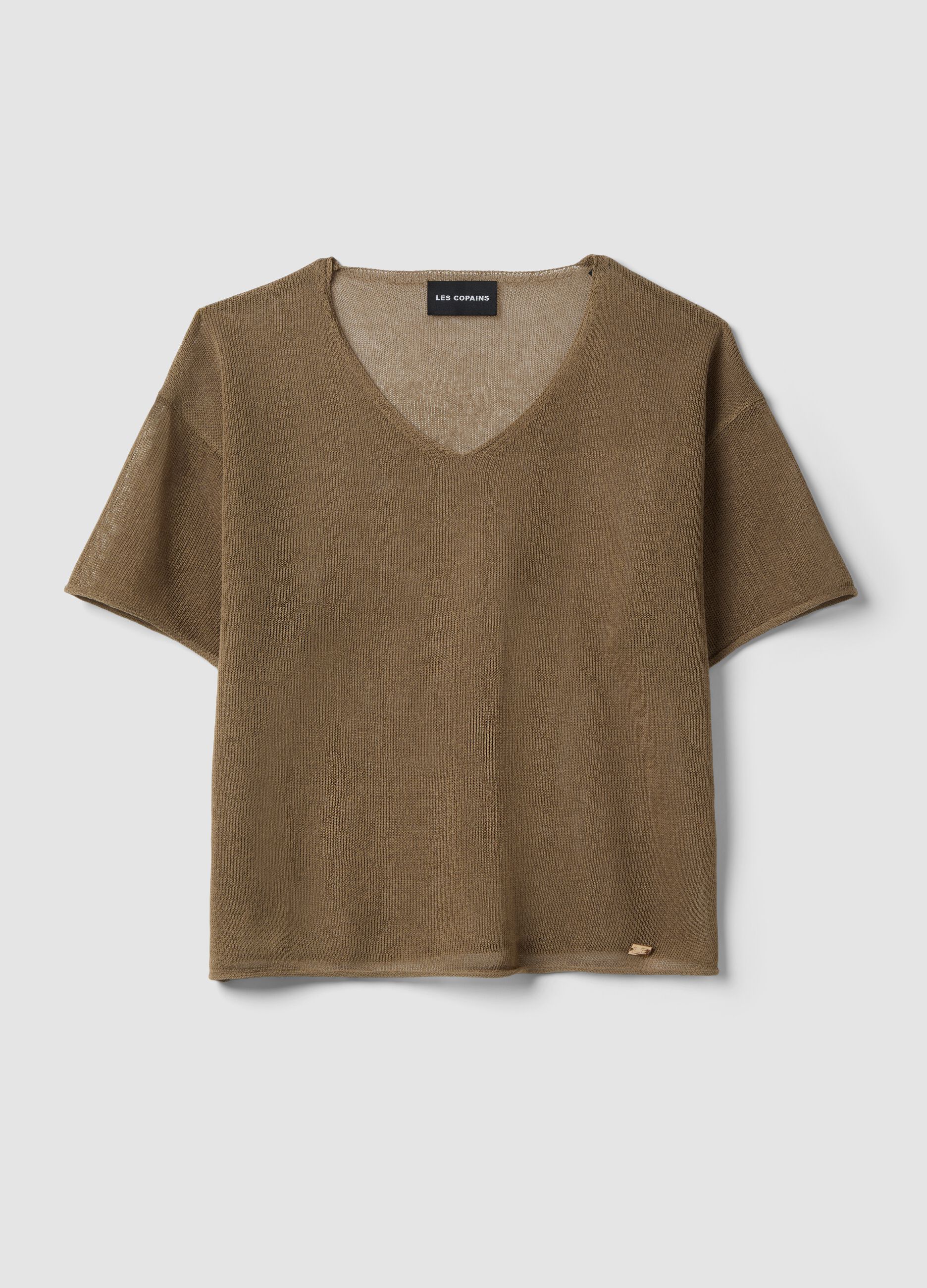 Brown oversized lyocell and linen blend V-neck jumper