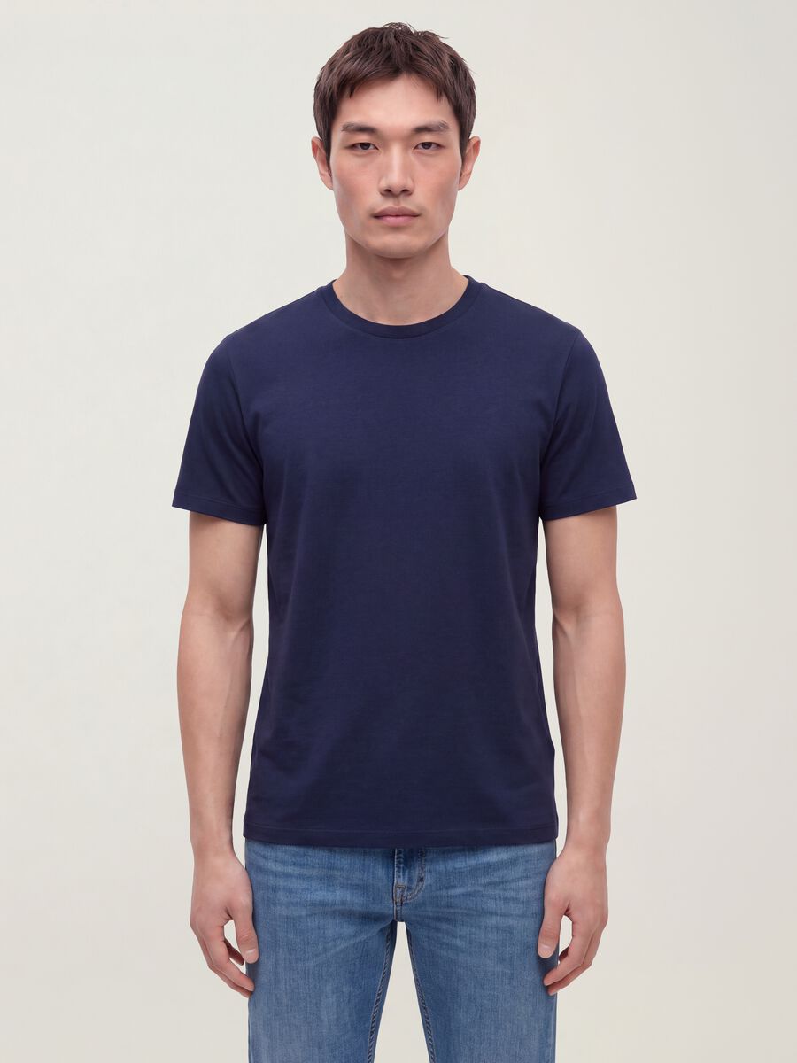 Blue mercerised pure cotton crew-neck T-shirt, regular fit_0