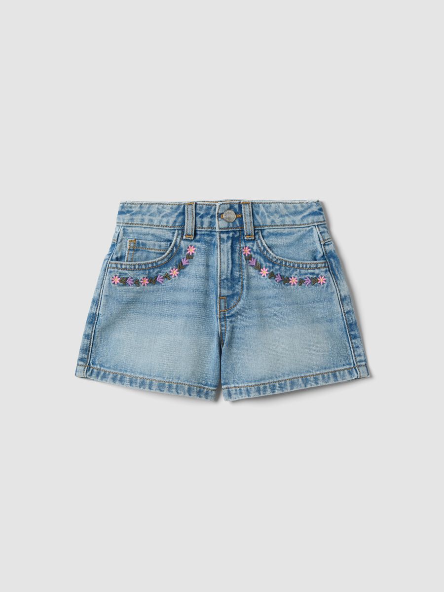 Blaue Denim-Shorts aus reiner Baumwolle f&uuml;r M&auml;dchen, Regular Fit mit Stickerei_0