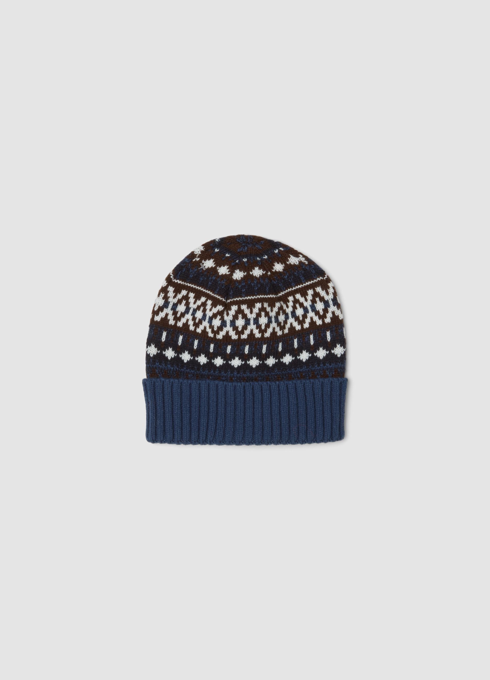 Navy blue jacquard knit beanie with turn-up