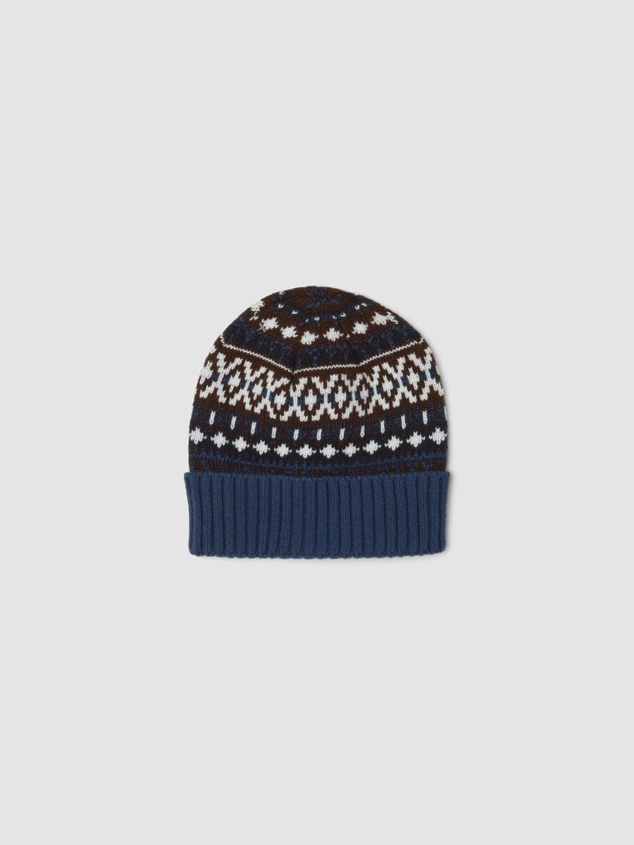 Navy blue jacquard knit beanie with turn-up_0