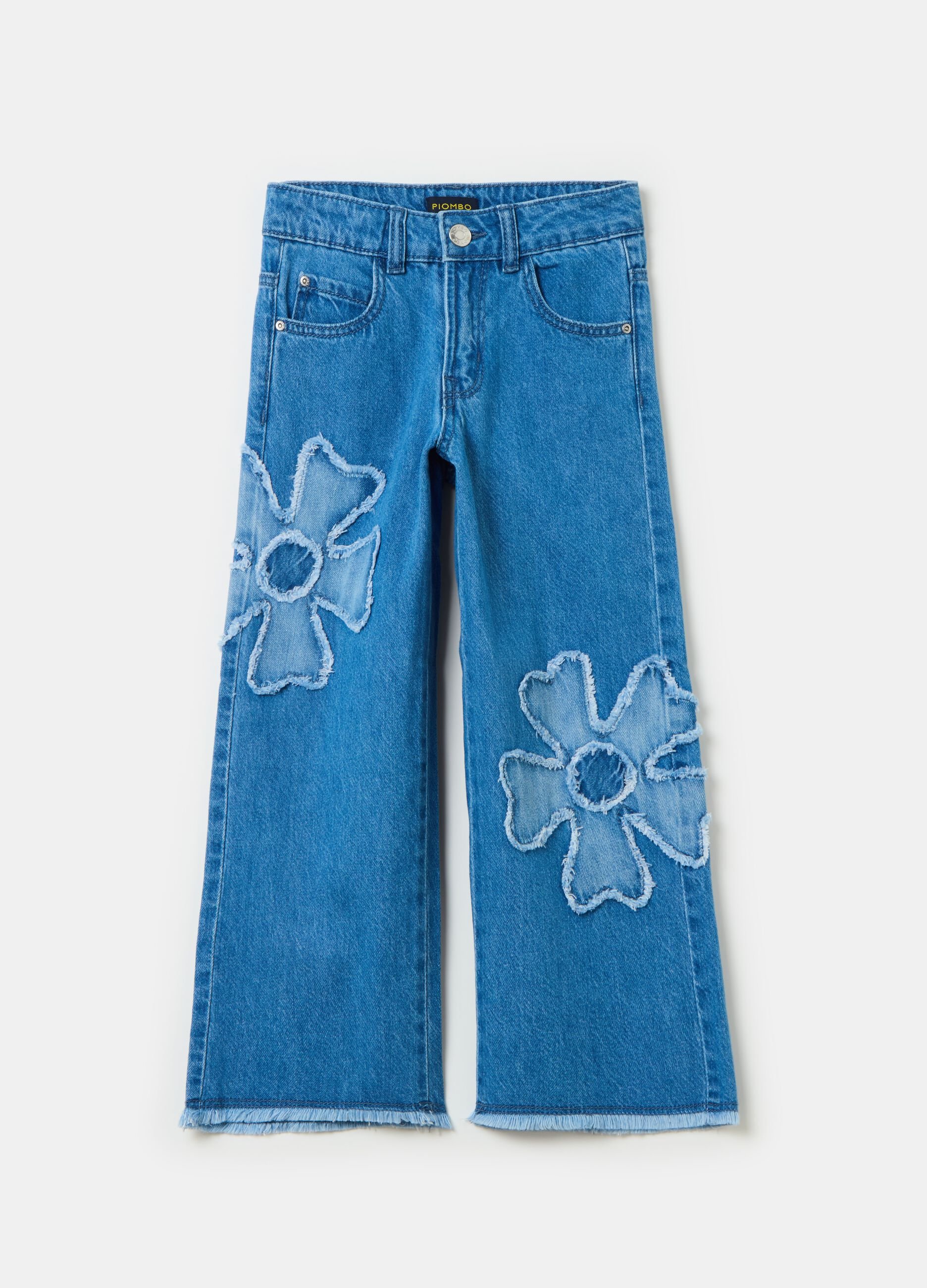 Jeans wide leg con fiori sfrangiati