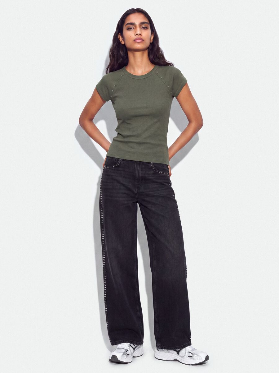 Green fitted ribbed stretch-cotton T-shirt with studs_1