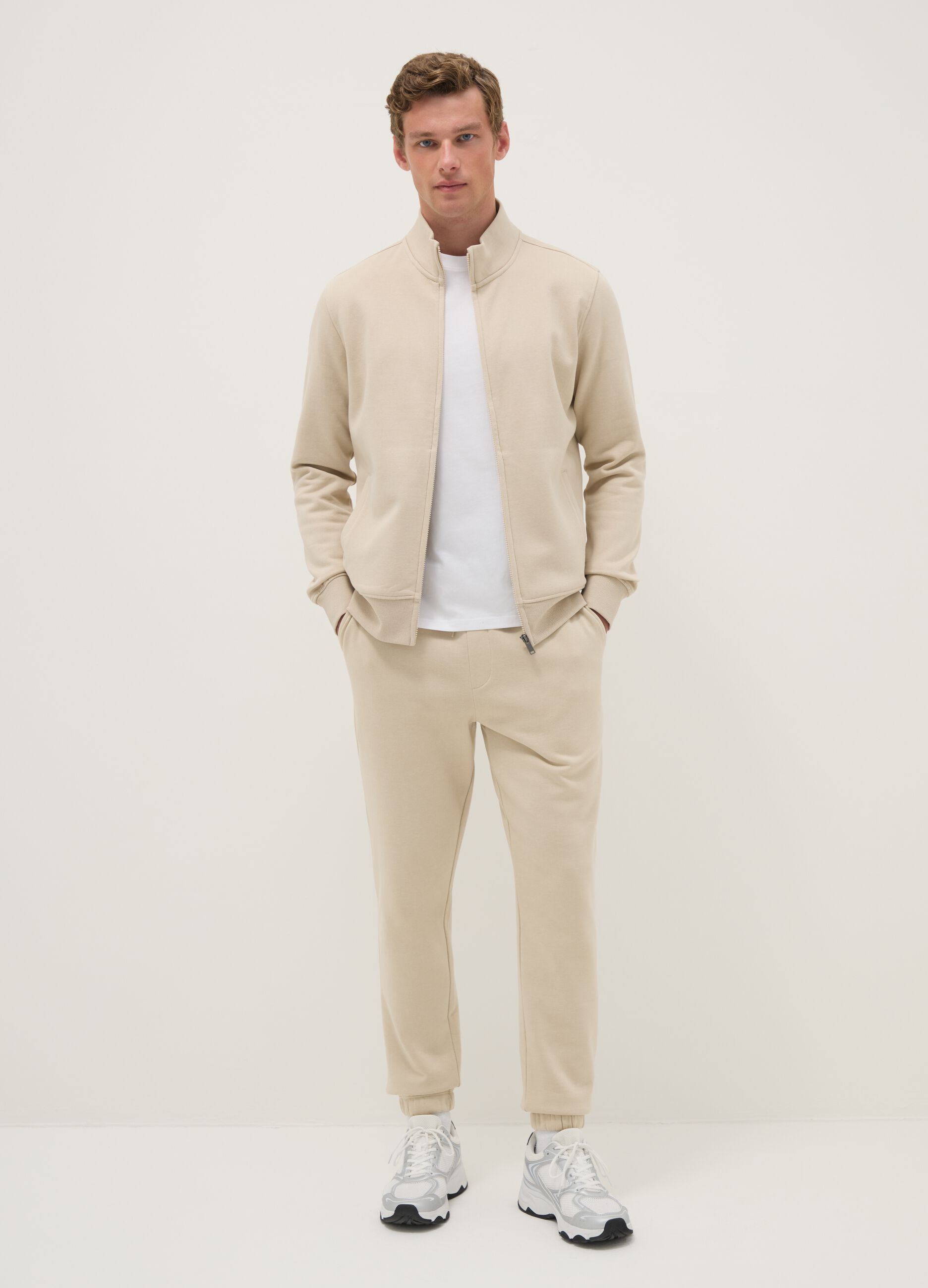 Beige cotton blend jogger trousers regular fit