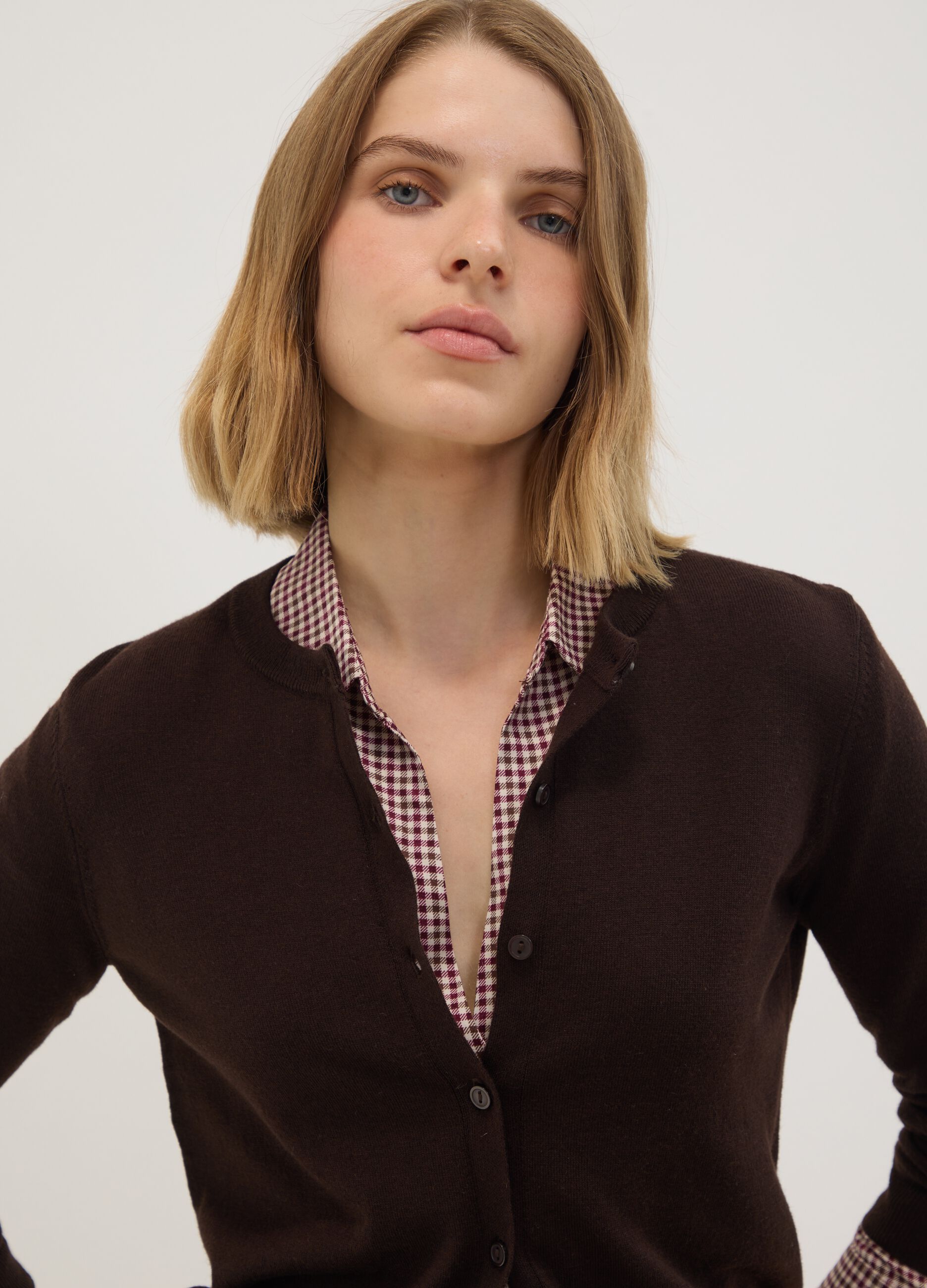 Brown wool-blend crew-neck cardigan