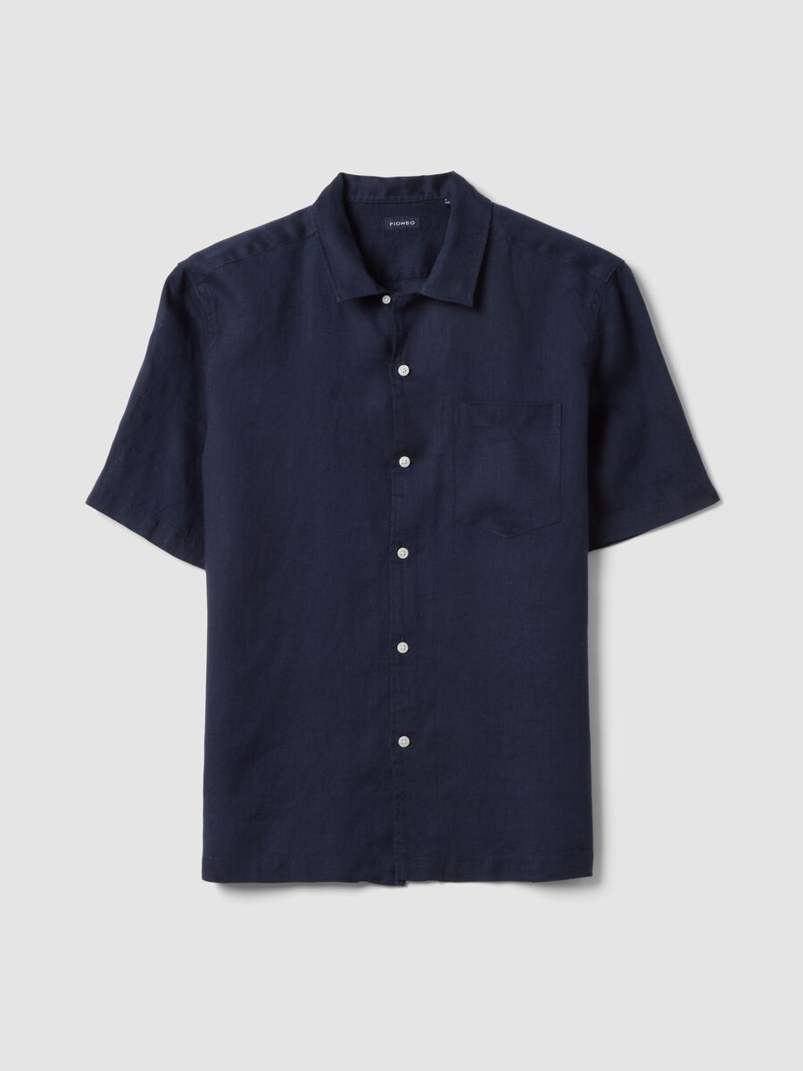 Blue short sleeve pure linen regular fit shirt with chest pocket_0