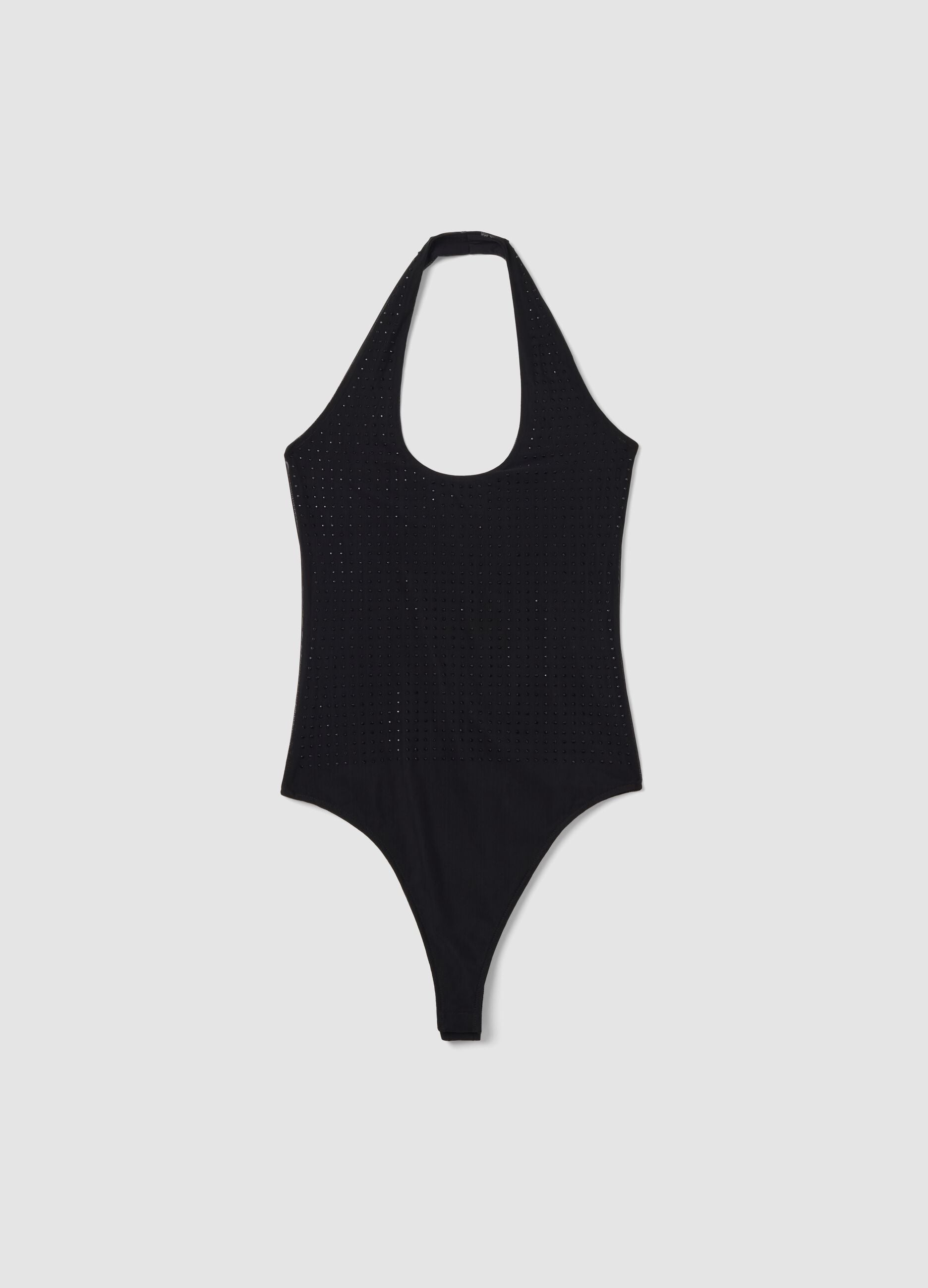 Black stretch bodysuit with rhinestones, regular fit