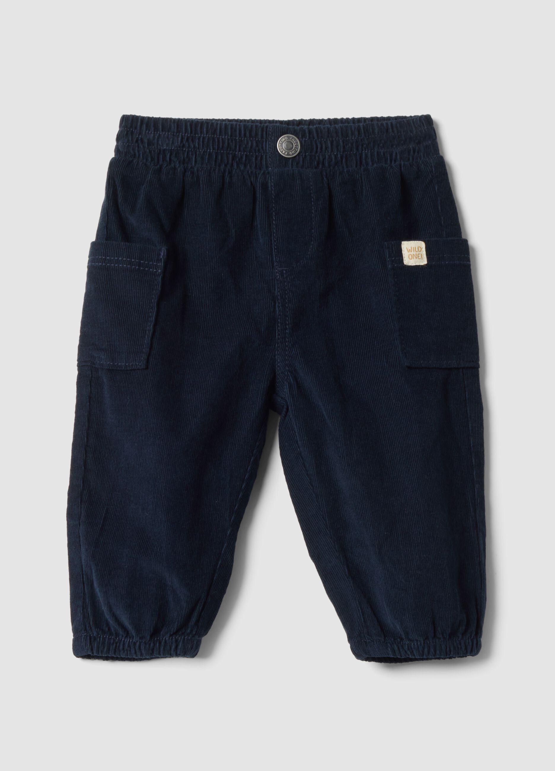 Pantaloni cargo blu a coste in puro cotone con vita elasticizzata