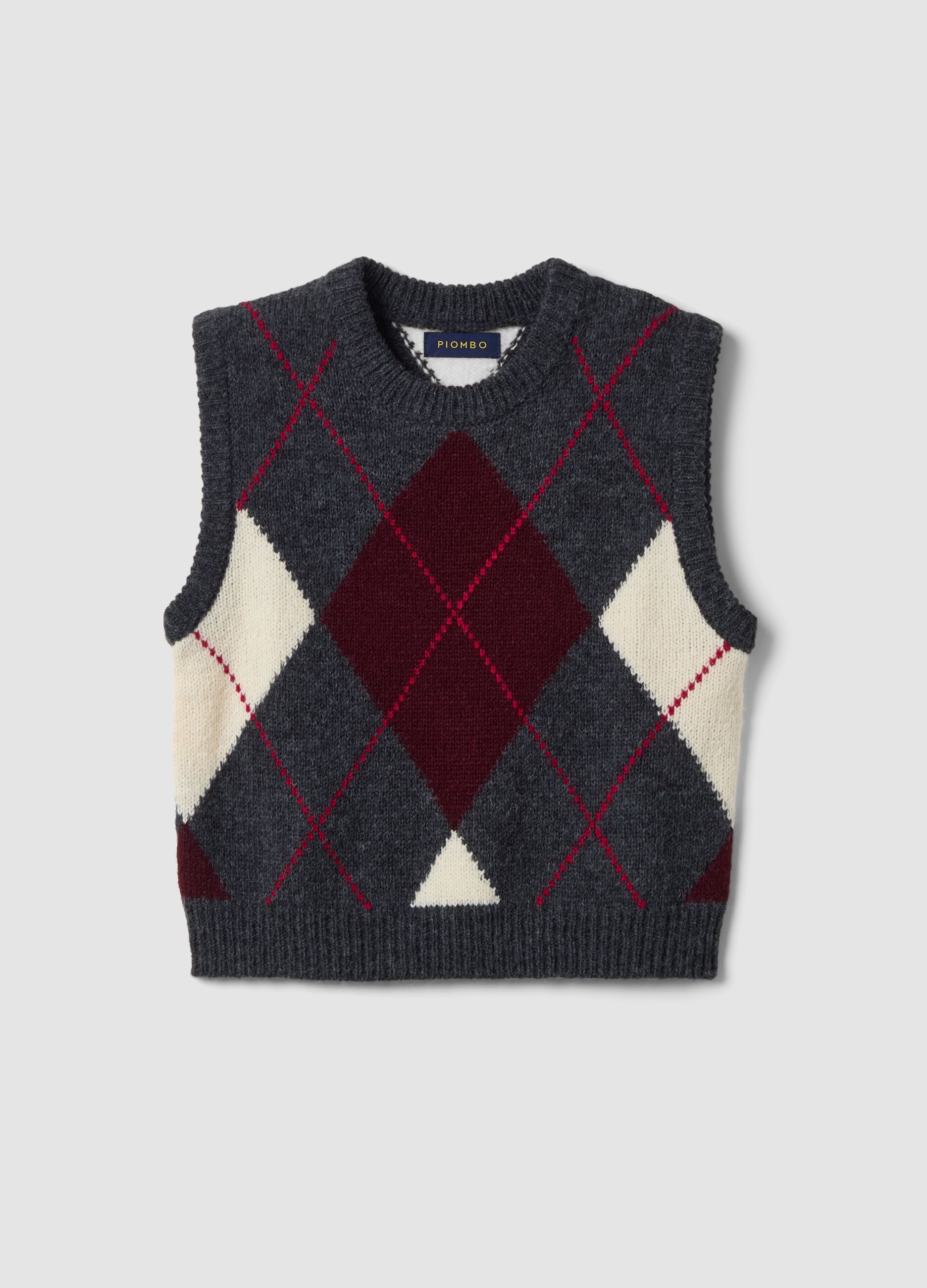 Grey jacquard wool-blend crew-neck gilet, regular fit
