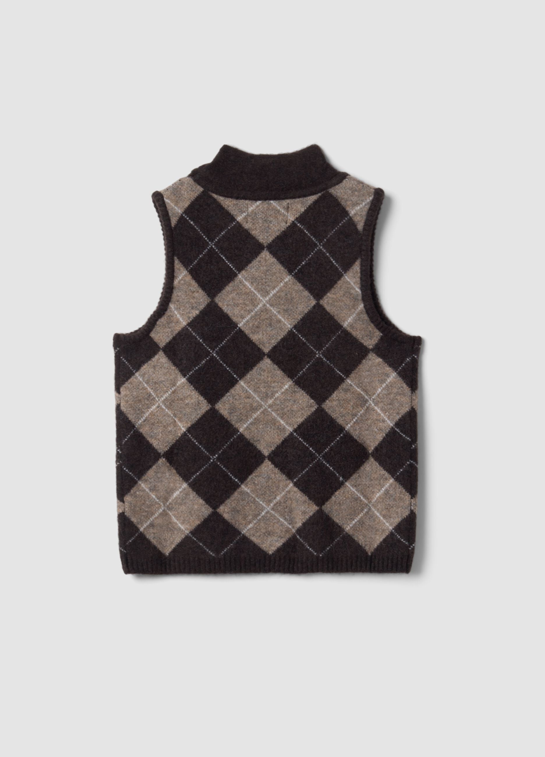 Brown stretch wool gilet with stand collar