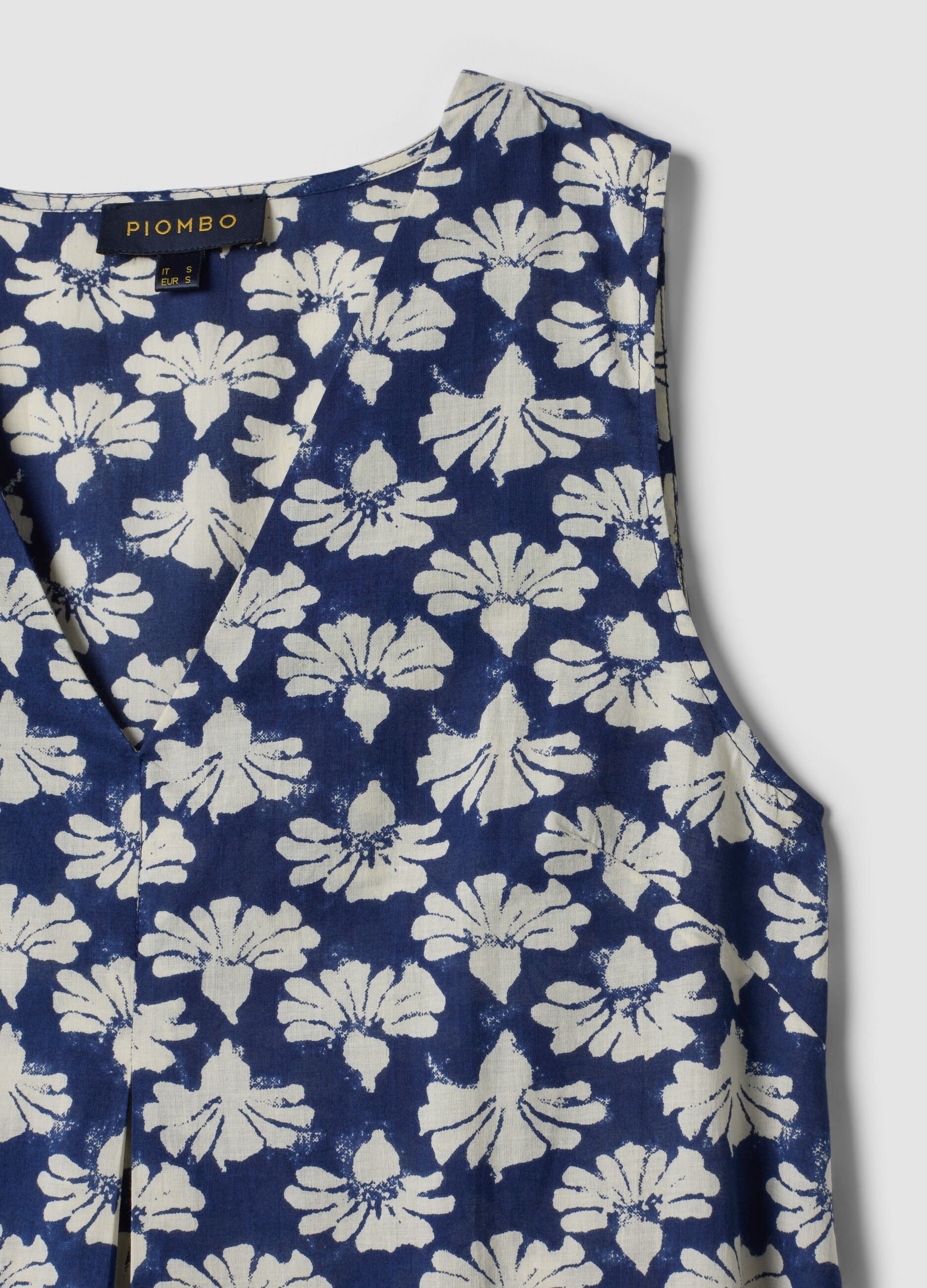 Blaues Maxikleid aus reiner Baumwolle mit V-Ausschnitt und Blumenprint