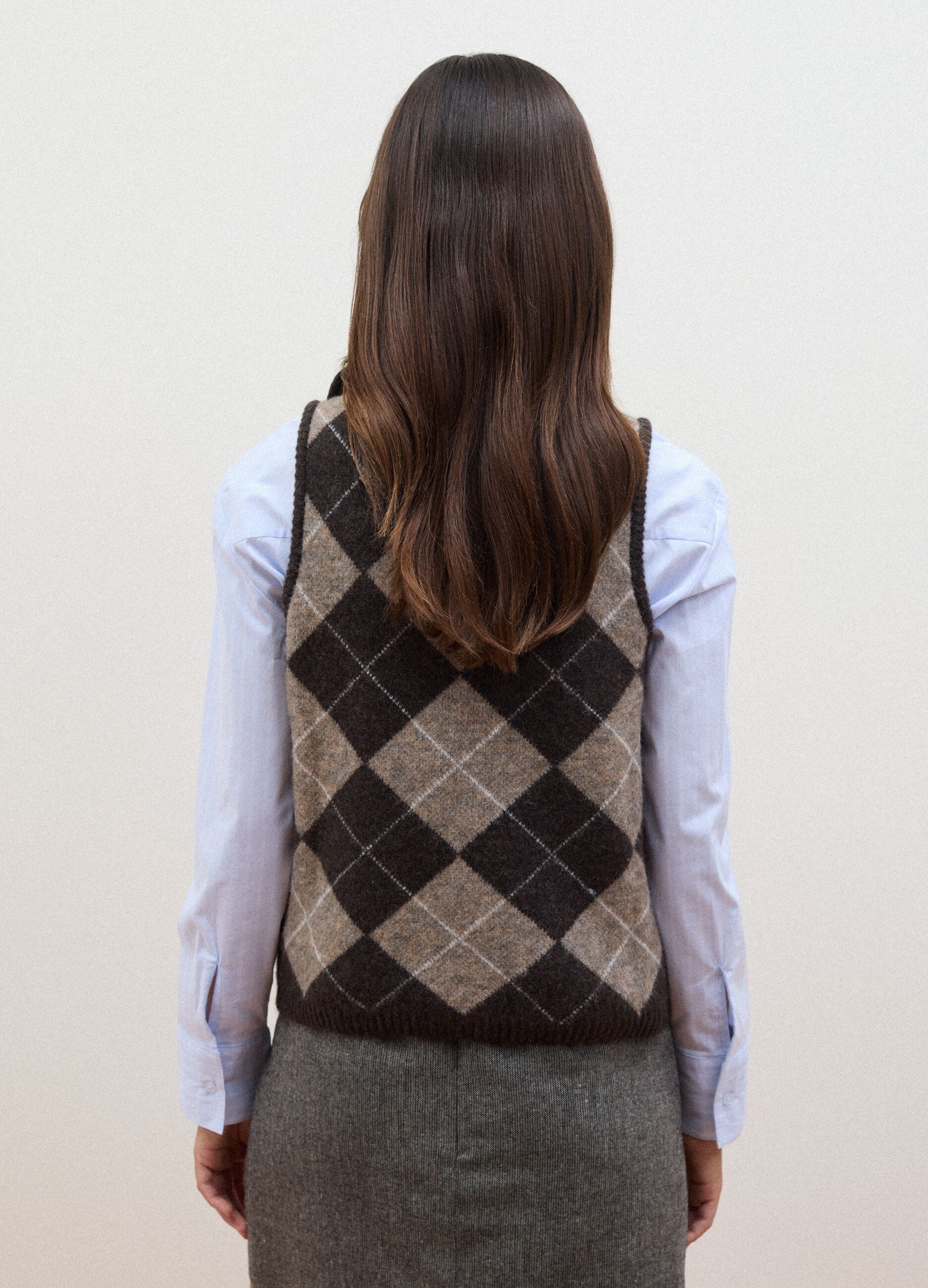Brown stretch wool gilet with stand collar