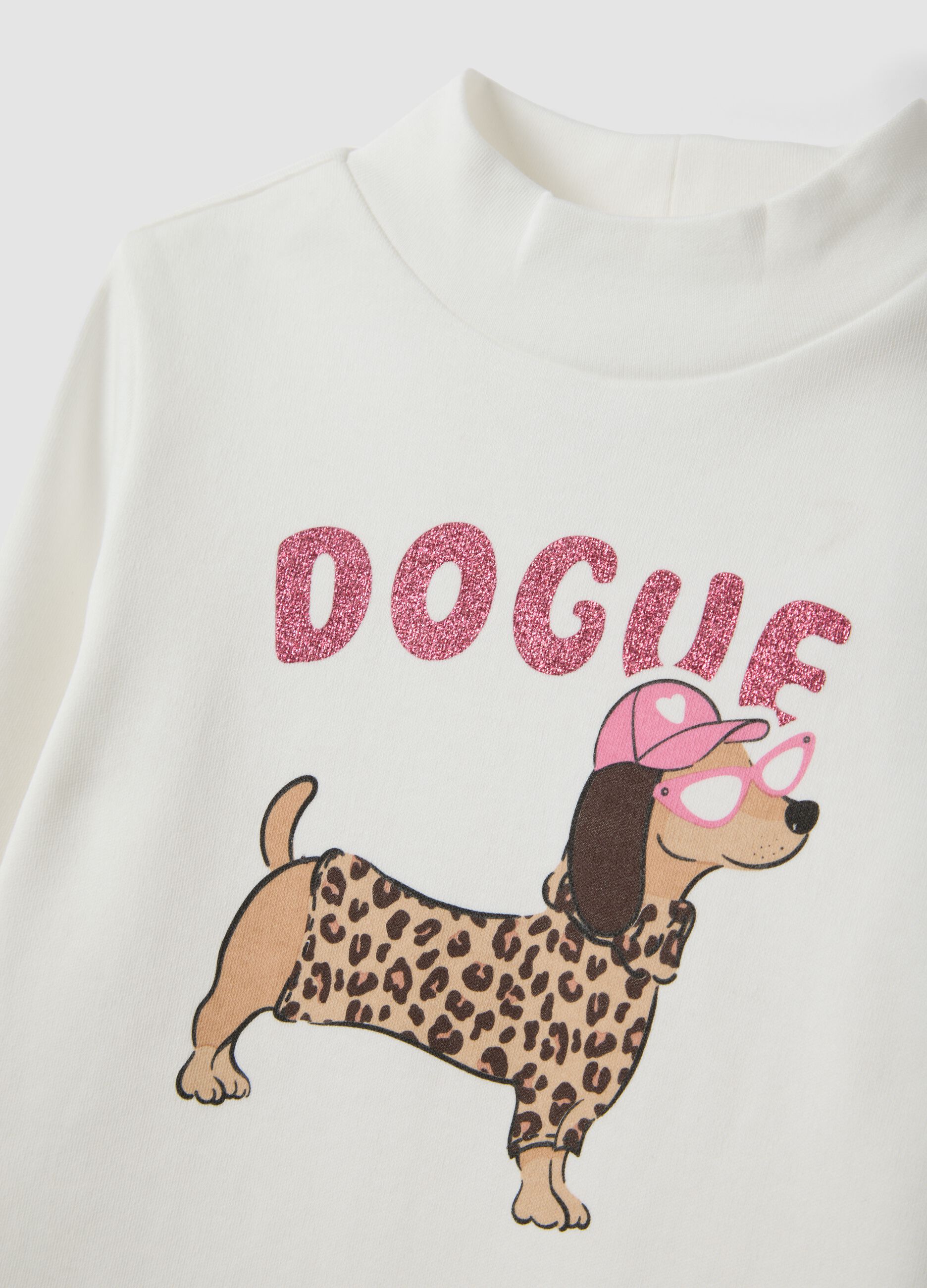 T-shirt bianca in puro cotone organico con collo rialzato e stampa cagnolino