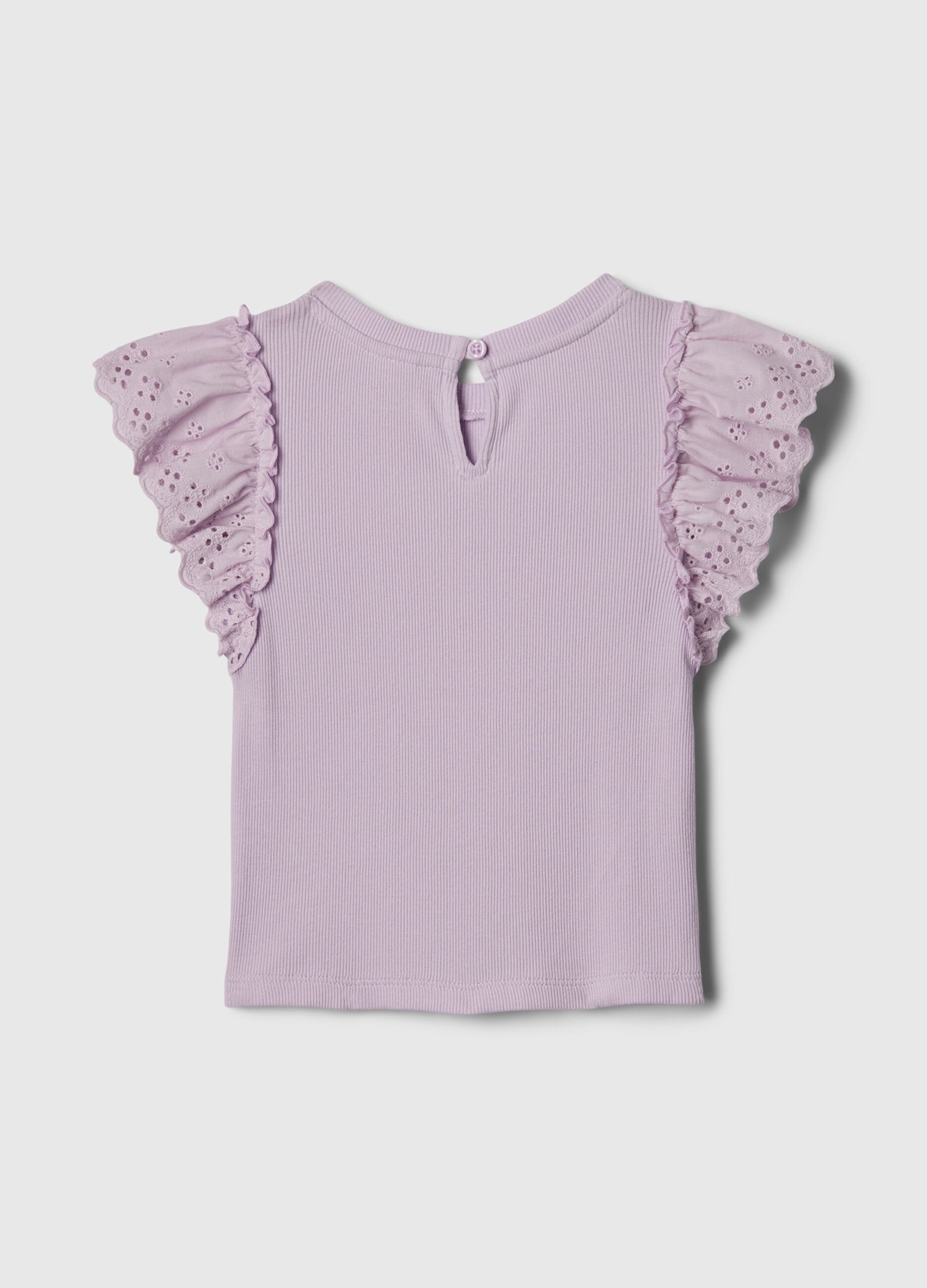 Ribbed T-shirt with flounce in broderie anglaise