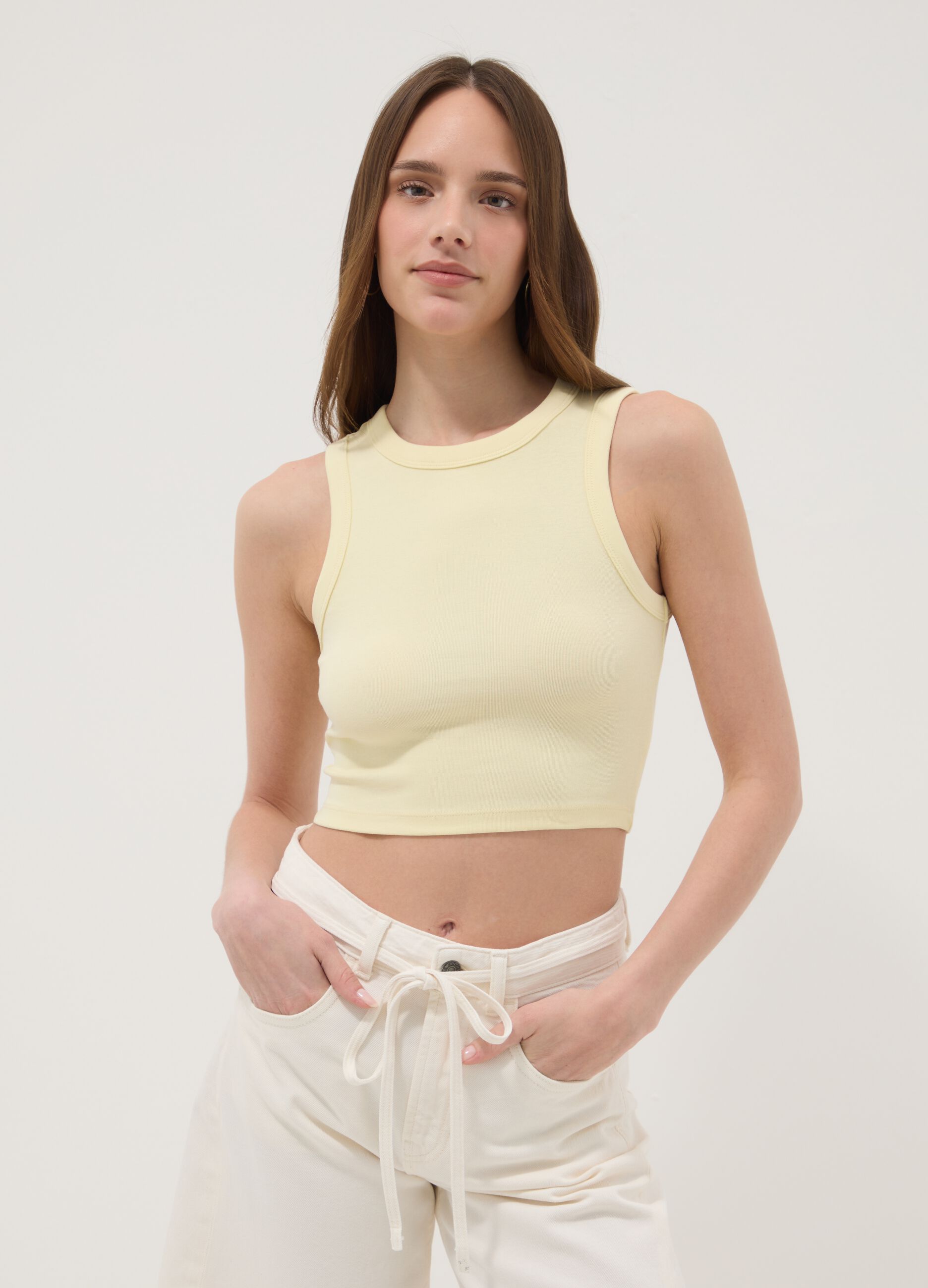 Gelbes Cropped Tanktop aus Stretch-Baumwolle