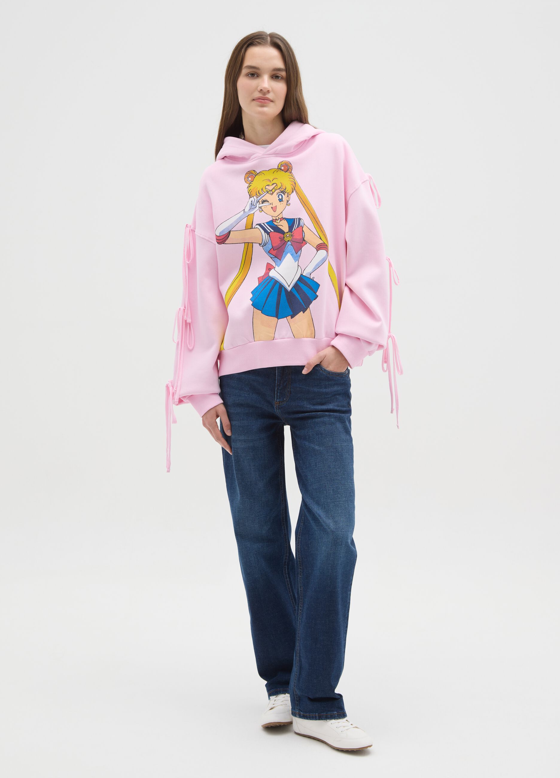 Camisola com capuz de mistura de algod&atilde;o rosa com estampado Sailor Moon