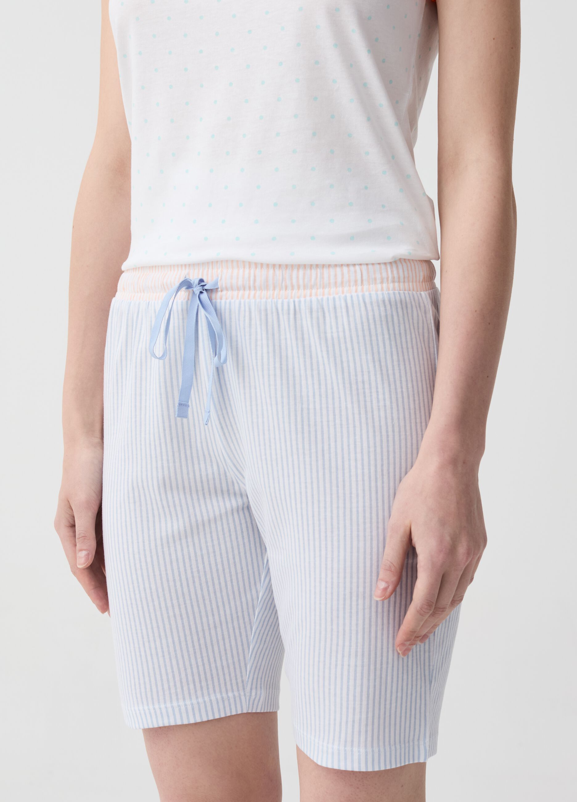 Striped cotton pyjama shorts with drawstring