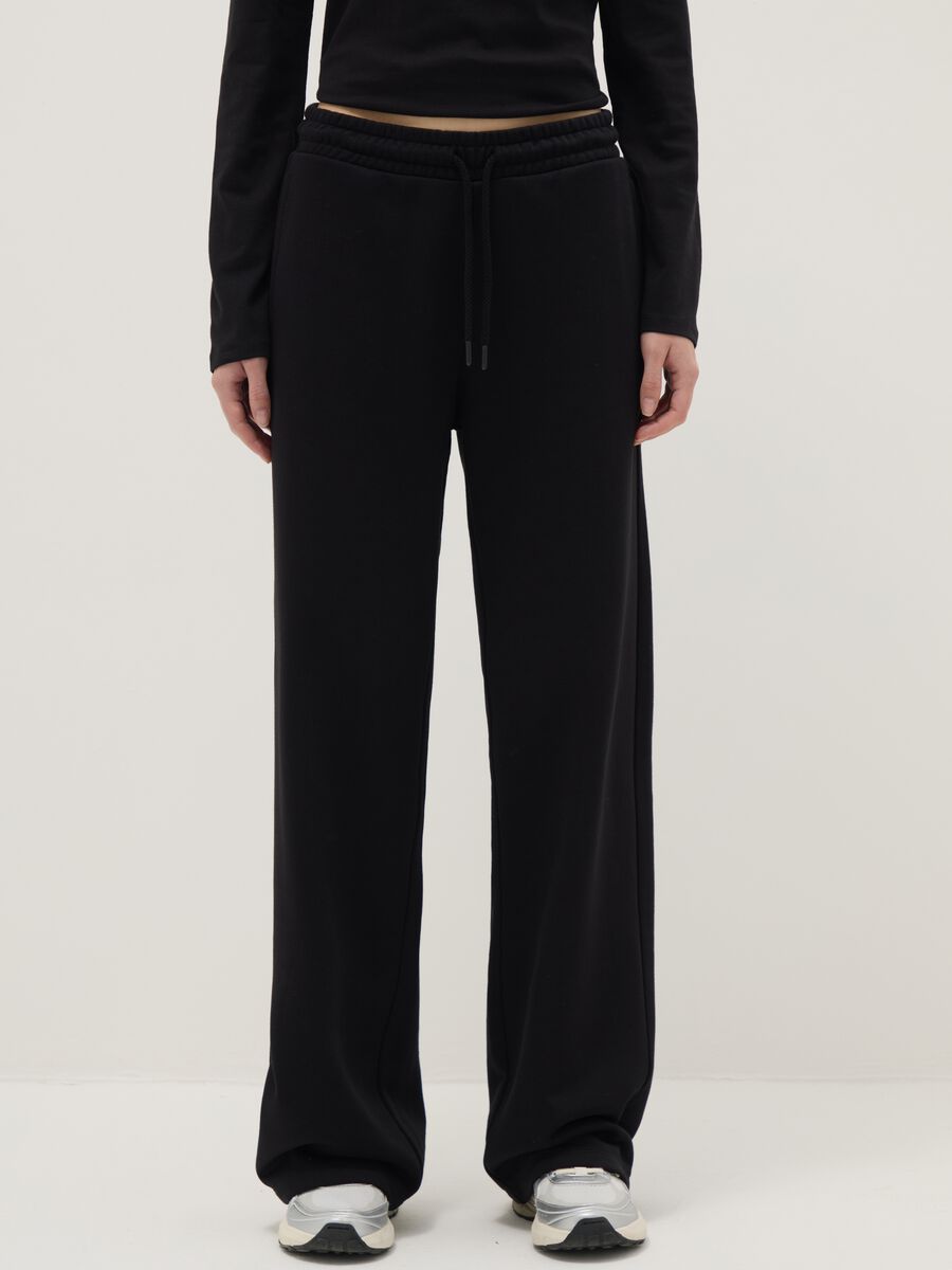 Black cotton blend regular fit trousers_1