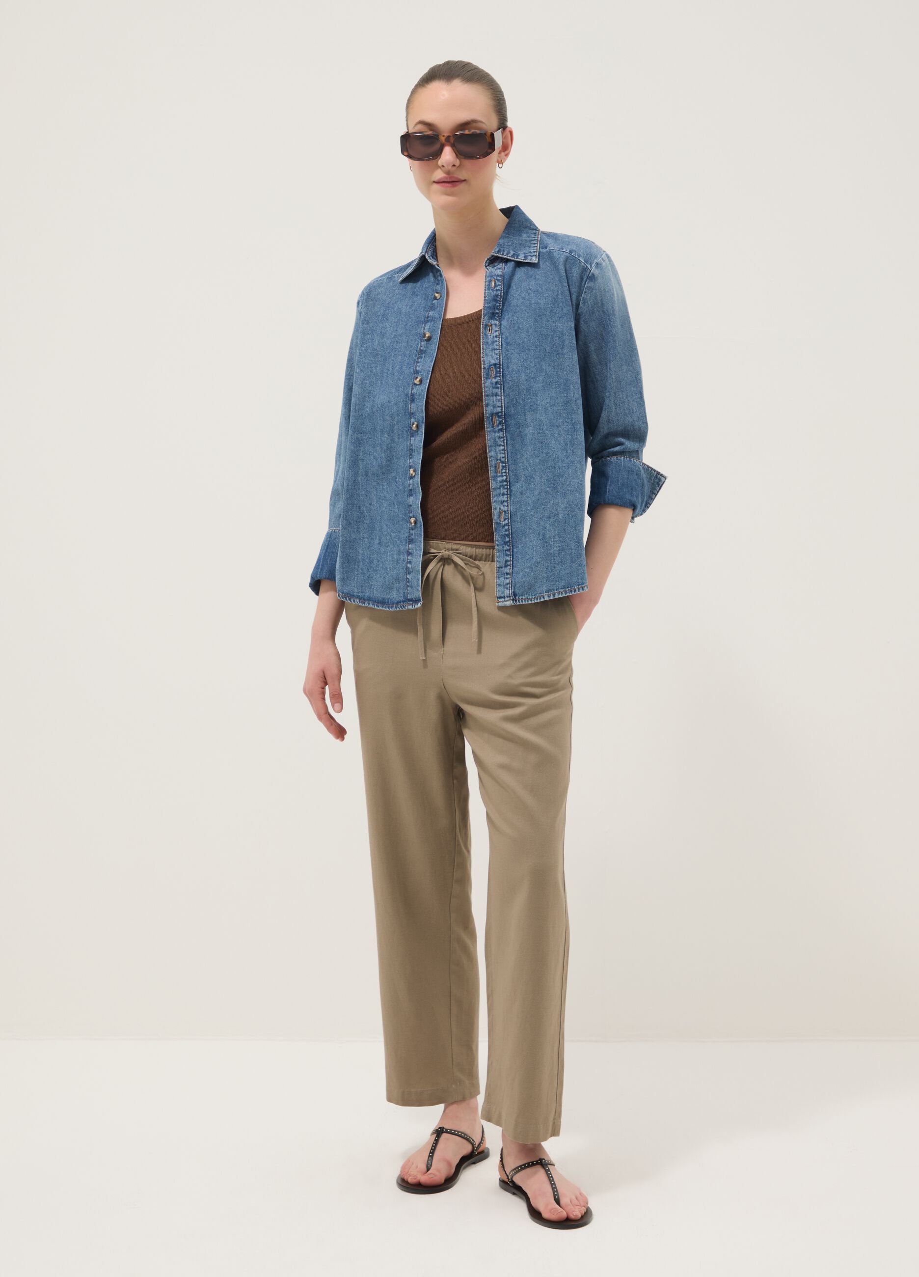 Beige viscose and linen blend straight-fit trousers with drawstring