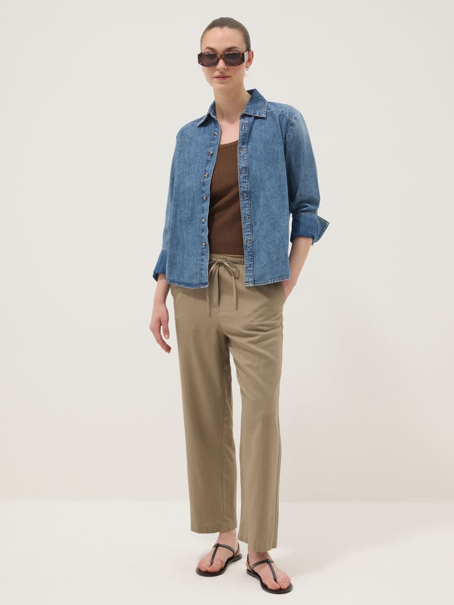 Beige viscose and linen blend straight-fit trousers with drawstring_1