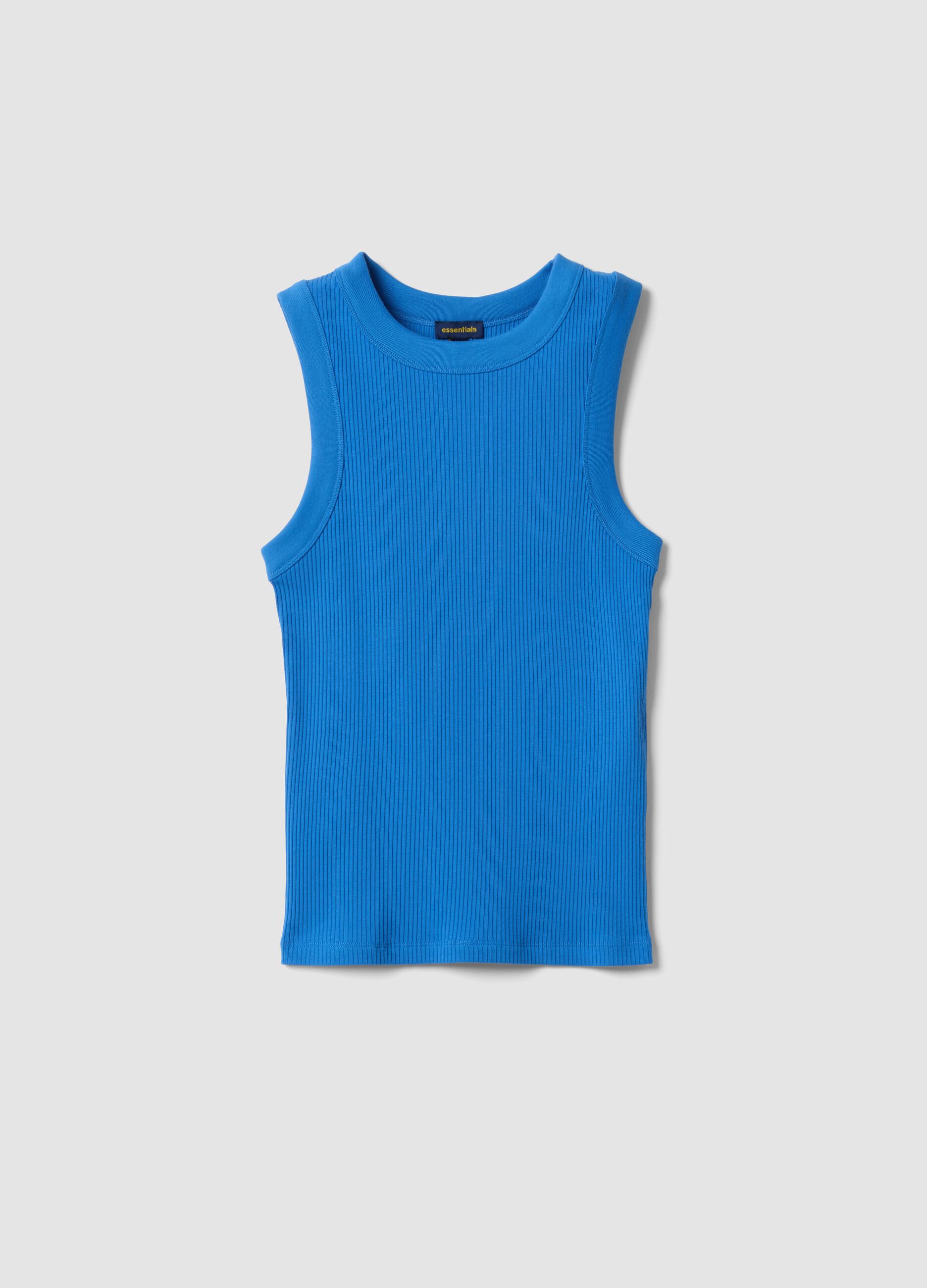 Blue fitted ribbed stretch-cotton tank top