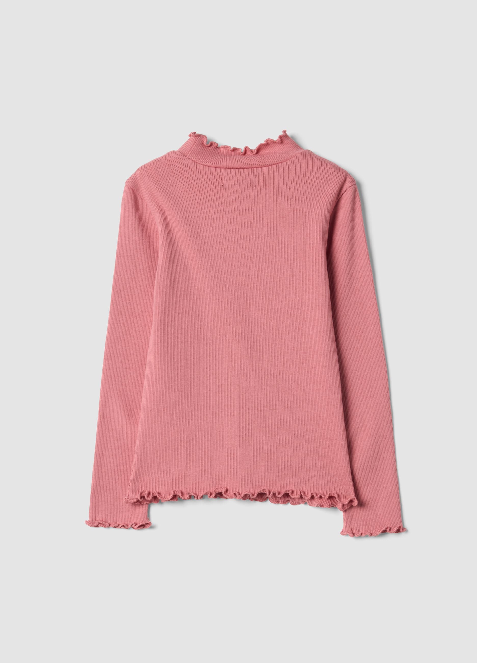 Rosa T-Shirt aus elastischer Bio-Baumwolle mit Stehkragen