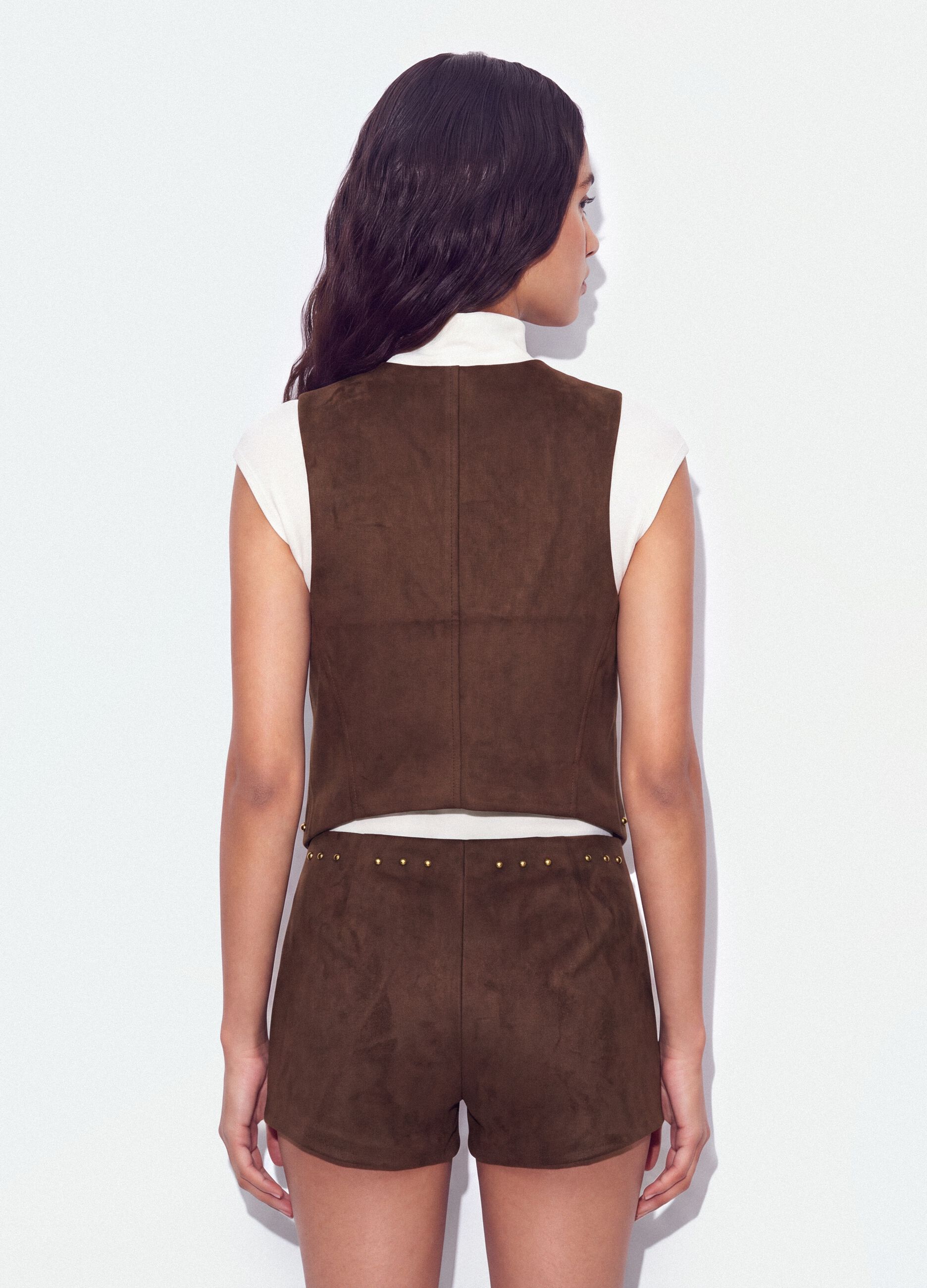 Brown stretch studded waistcoat, regular fit