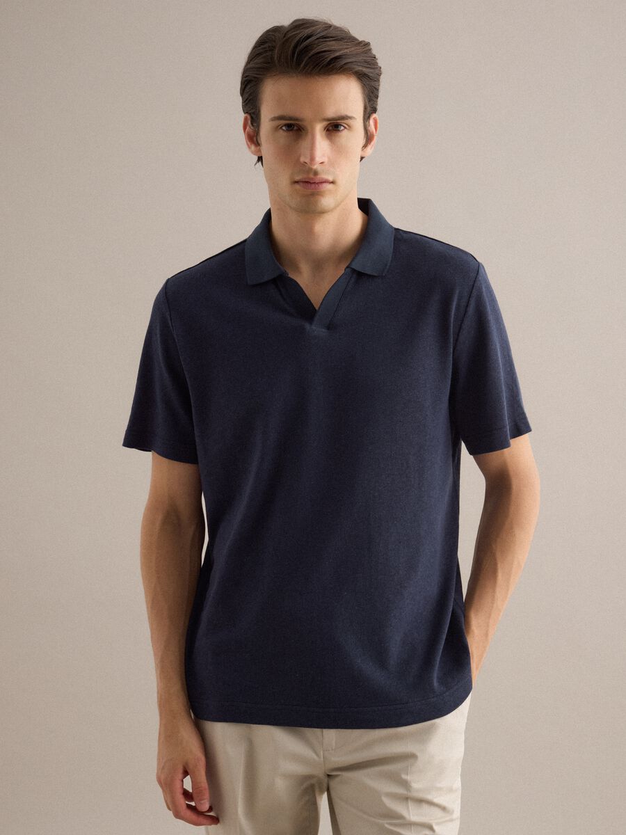 Blue regular fit linen-cotton blend polo_1