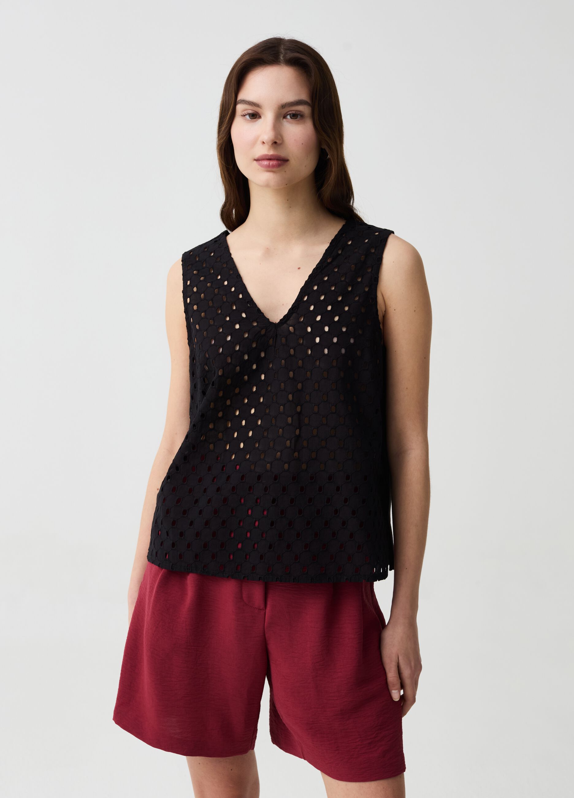 Tank top with openwork broderie anglaise front